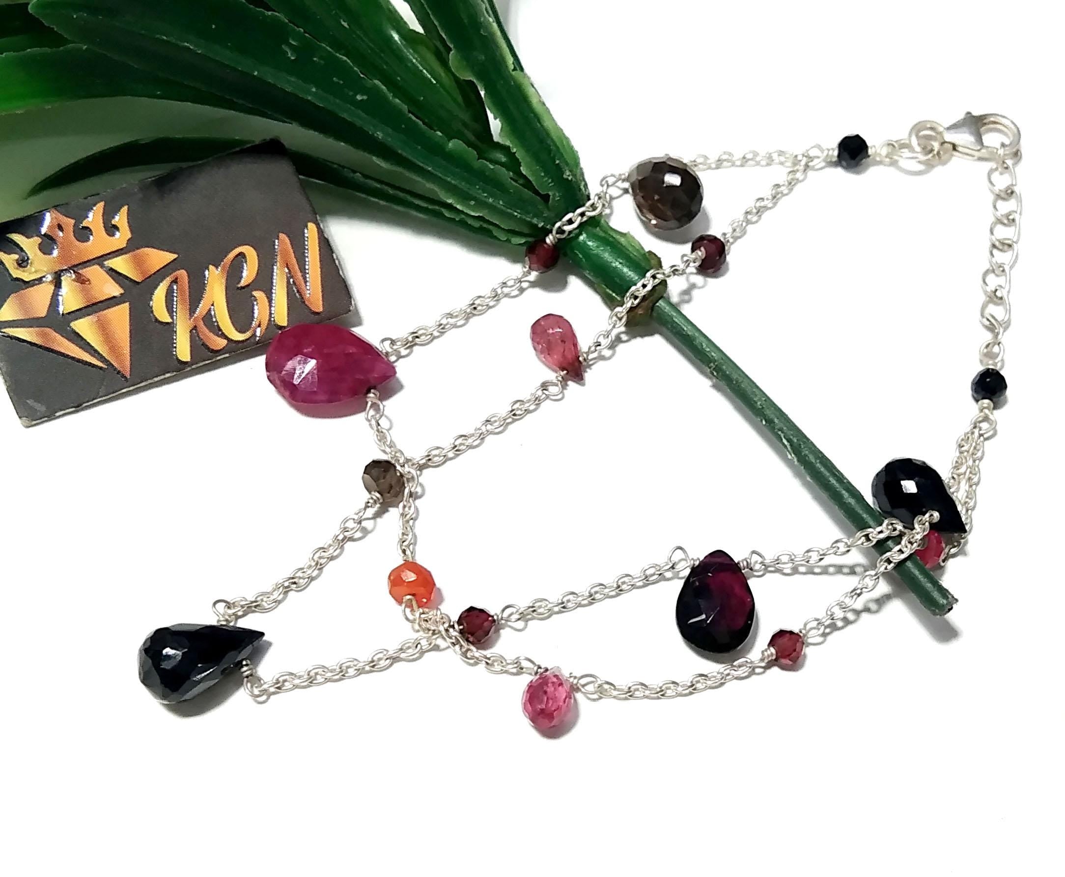 Red Ruby And Smoky Quartz Stone Bracelet, 925 Sterling Silver Bracelet, Natural Ruby,Smoky Adjustable Bracelet, 8 inches Gift Valentine day