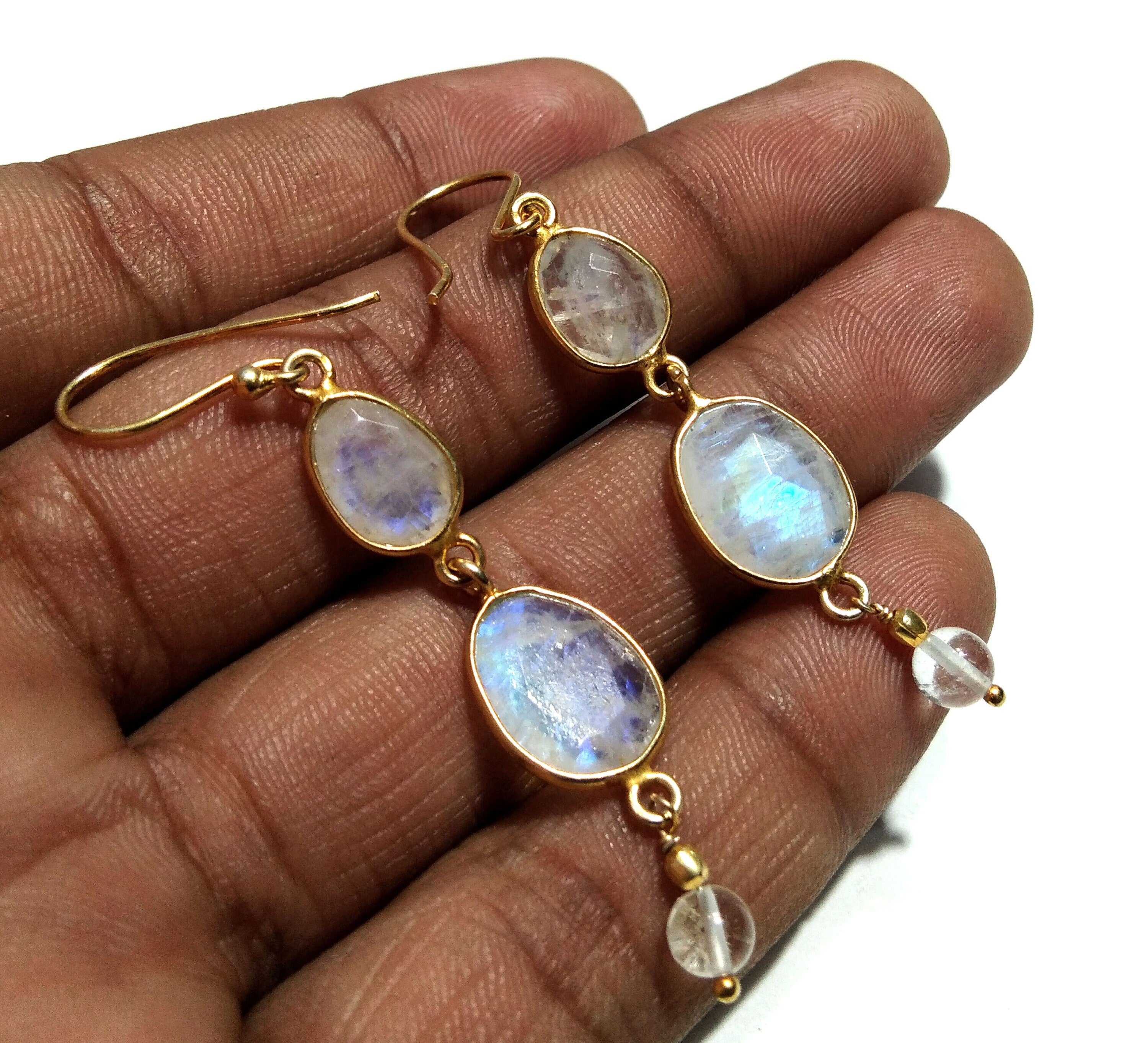 Rainbow Moonstone Earring ! 925 Starling Silver With Gold Plated Earring, Natural Gemstone Earring, Silver Bezel Handmade Earring For Gift.