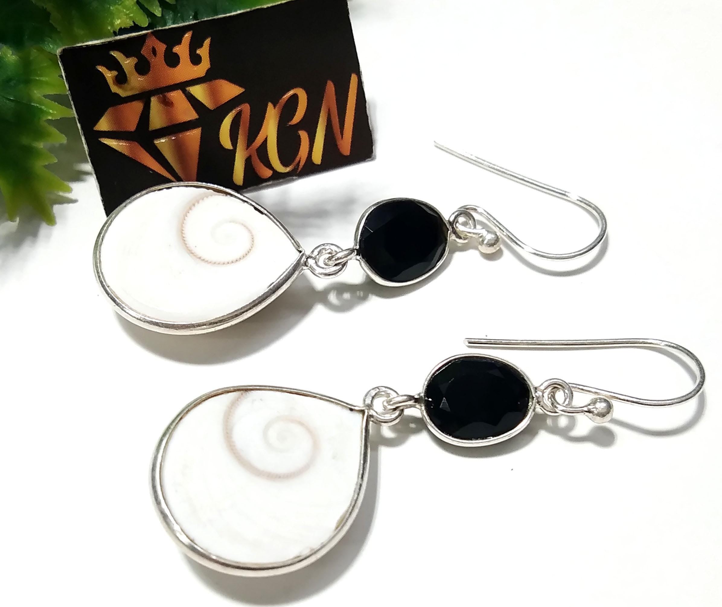 Natural Black Onyx/Shiva Eye Shell Stone Earring, 925 Starling Silver Earring, Beautiful Shiva Eye Shell Stone Size 17x15mm Gift Earring