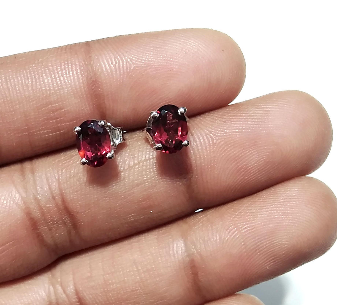 Natural Garnet Stud Earrings, 925 Starling Silver Earring Jewelry, Red Garnet Gemstone Oval Shape Stone Size 7x5 mm Christmas Gift For Her