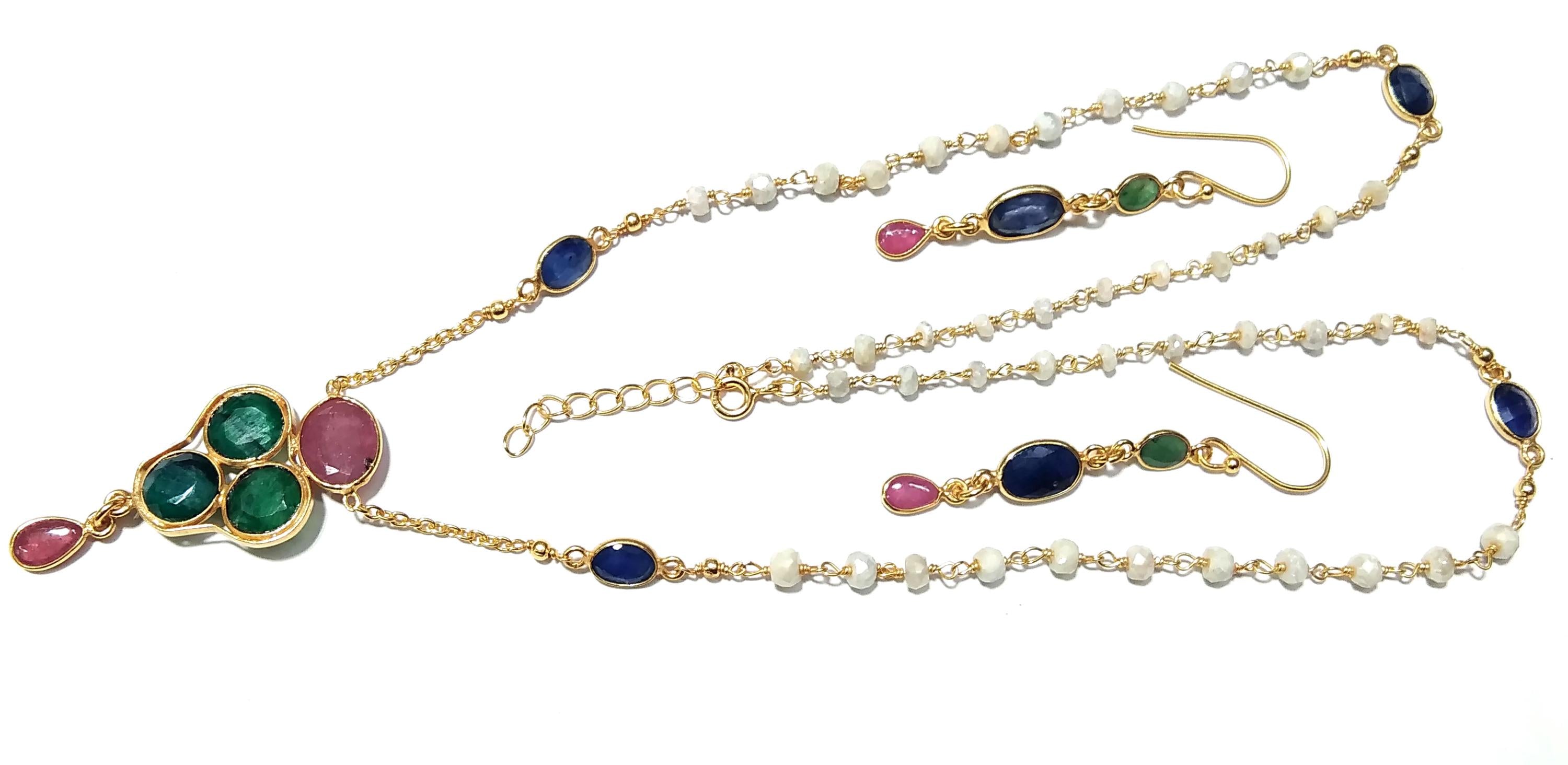 Natural Emerald/Red Ruby/Tanzanite Gemstone Necklace Earring Jewelry Set, 925 Sterling Silver With Gold Plated Necklace Beads Necklace Set