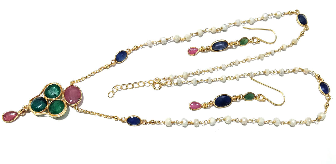 Natural Emerald/Red Ruby/Tanzanite Gemstone Necklace Earring Jewelry Set, 925 Sterling Silver With Gold Plated Necklace Beads Necklace Set