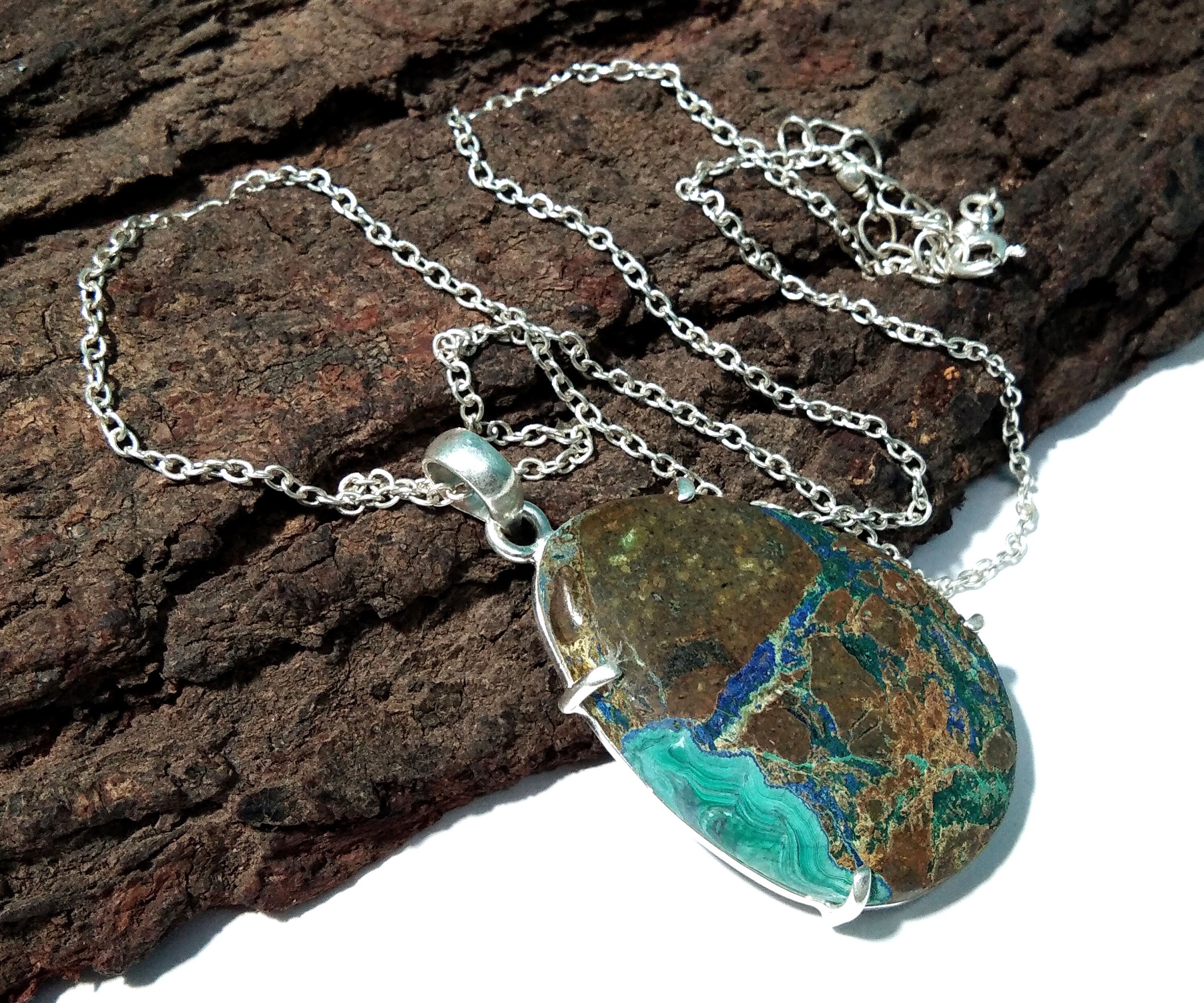 Azurite Malachite Gemstone Chain Pendant, 925 Silver Pendant, Jewelry Handmade, Natural Azurite Malachite Pendant, Gift Birthday Pendant