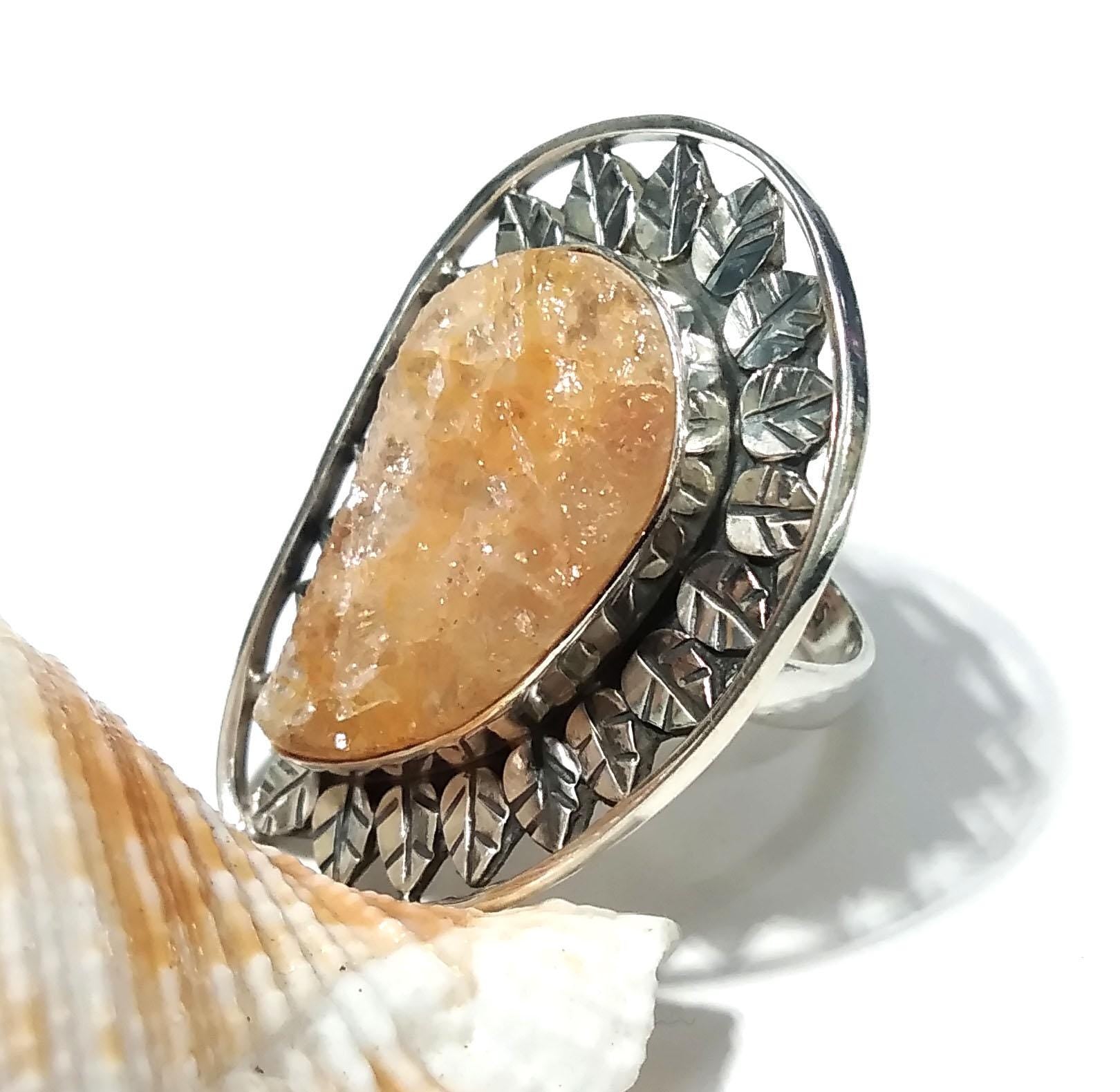 Druzy Rings ! 925 Starling Silver Ring, Natural Gemstone Yellow Aventurine Druzy Ring, Very Beautiful Leaf Stylish Ring, For Girls & Woman