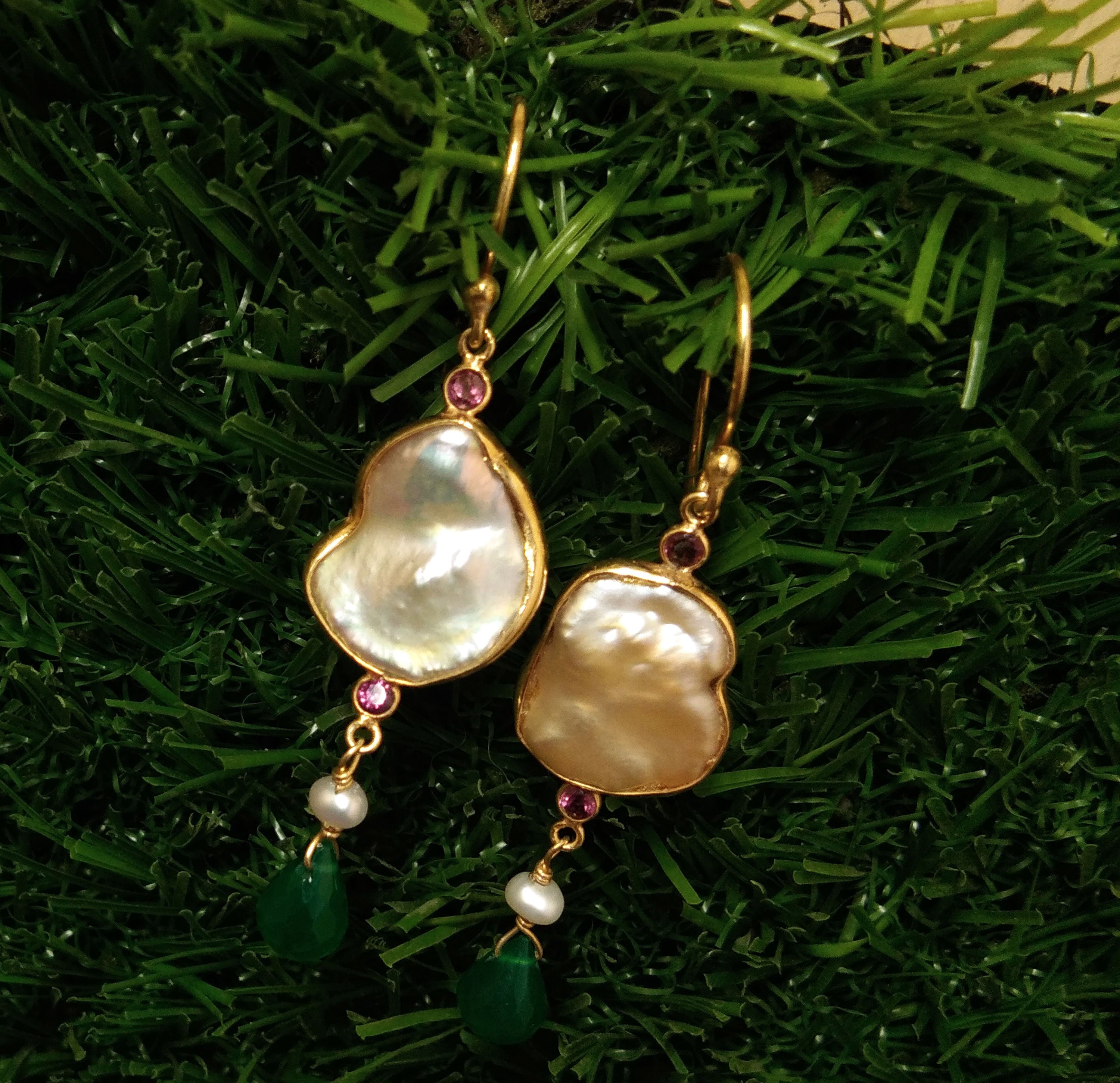 Natural Fresh Water Baroque Pearl/Green Onyx Stone Drop Earring, 925 Solid Starling Silver Gold Plated Earring, Stone Size 16x12 mm Earring