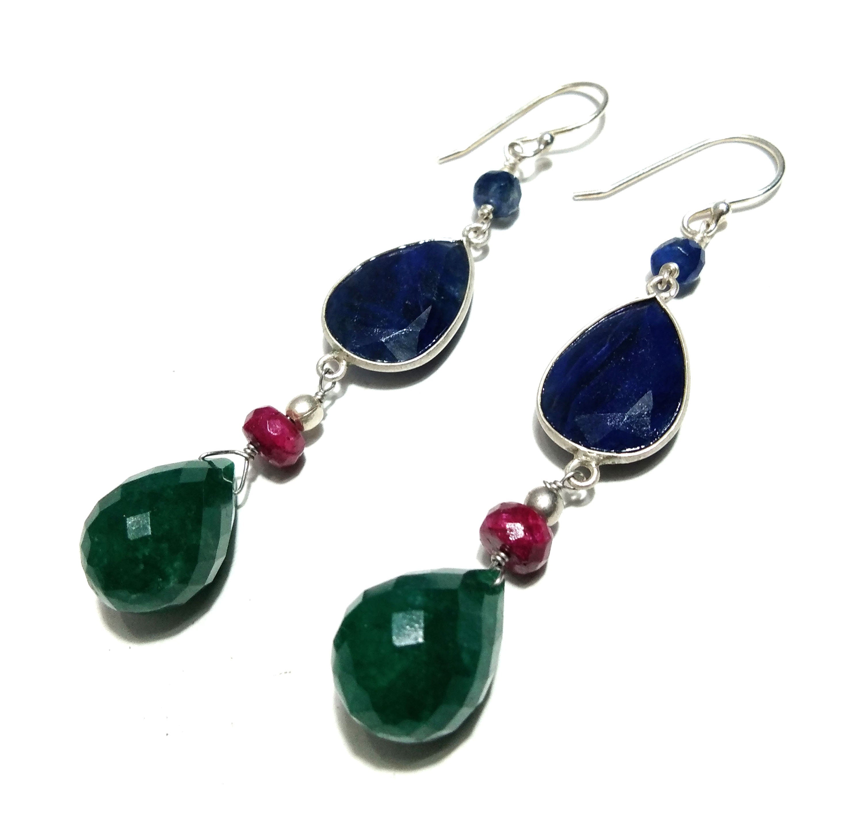 Natural Blue Sapphire, Green Jade Earring, 925 Solid Starling Silver Earring, Blue Sapphire Stone Handmade Gift Women Christmas Earring