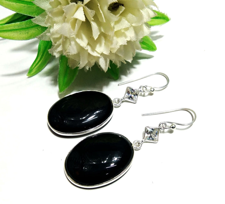 Black Onyx,Zircon Gemstone Earring, 925 Sterling Silver Earring Handmade Jewelry, Onyx Stone Size 26x18mm Earring Women Jewelry Gift For Her