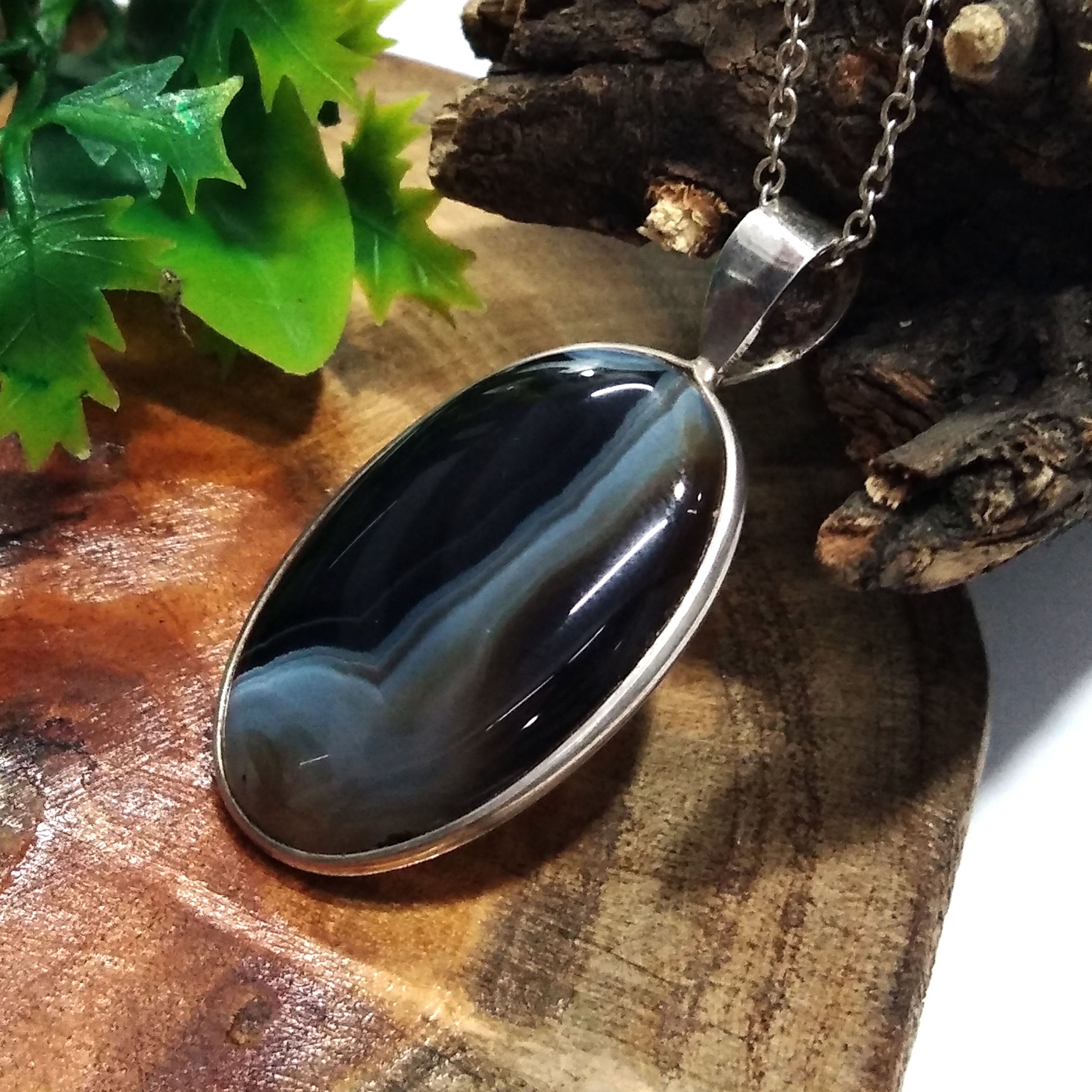Genuine Black Banded Agate Pendant, 925 Starling Silver Pendant Chain Necklace, Black Banded Agate Gemstone Necklace, Handmade Gift Pendant