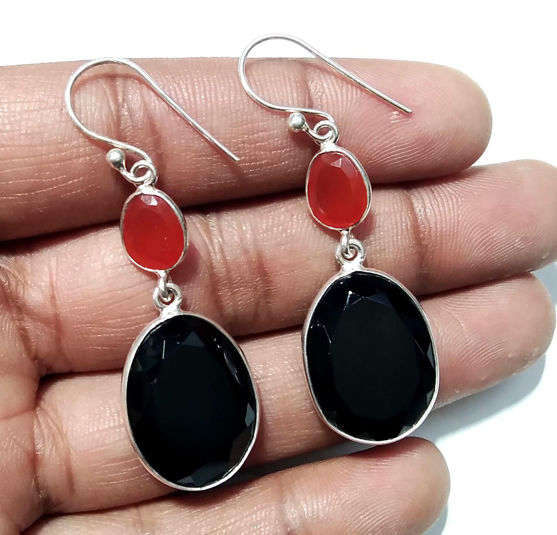 Natural Black Onyx/Carnelian Faceted Stone Earring, 925 Solid Starling Silver Earring, Beautiful Black Onyx Stone Size 19x15 mm Gift Earring