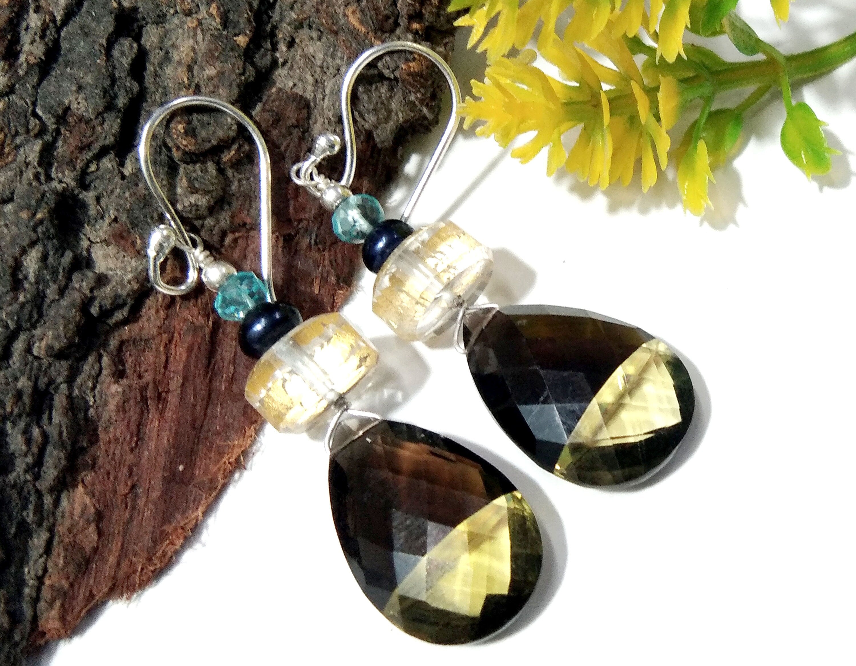 Natural Doublet Gemstone Lemon & Smoky Quartz Multi Stone Earrings, With 925 Starling Silver Jewelry Earrings, For Gifts Girls/Women