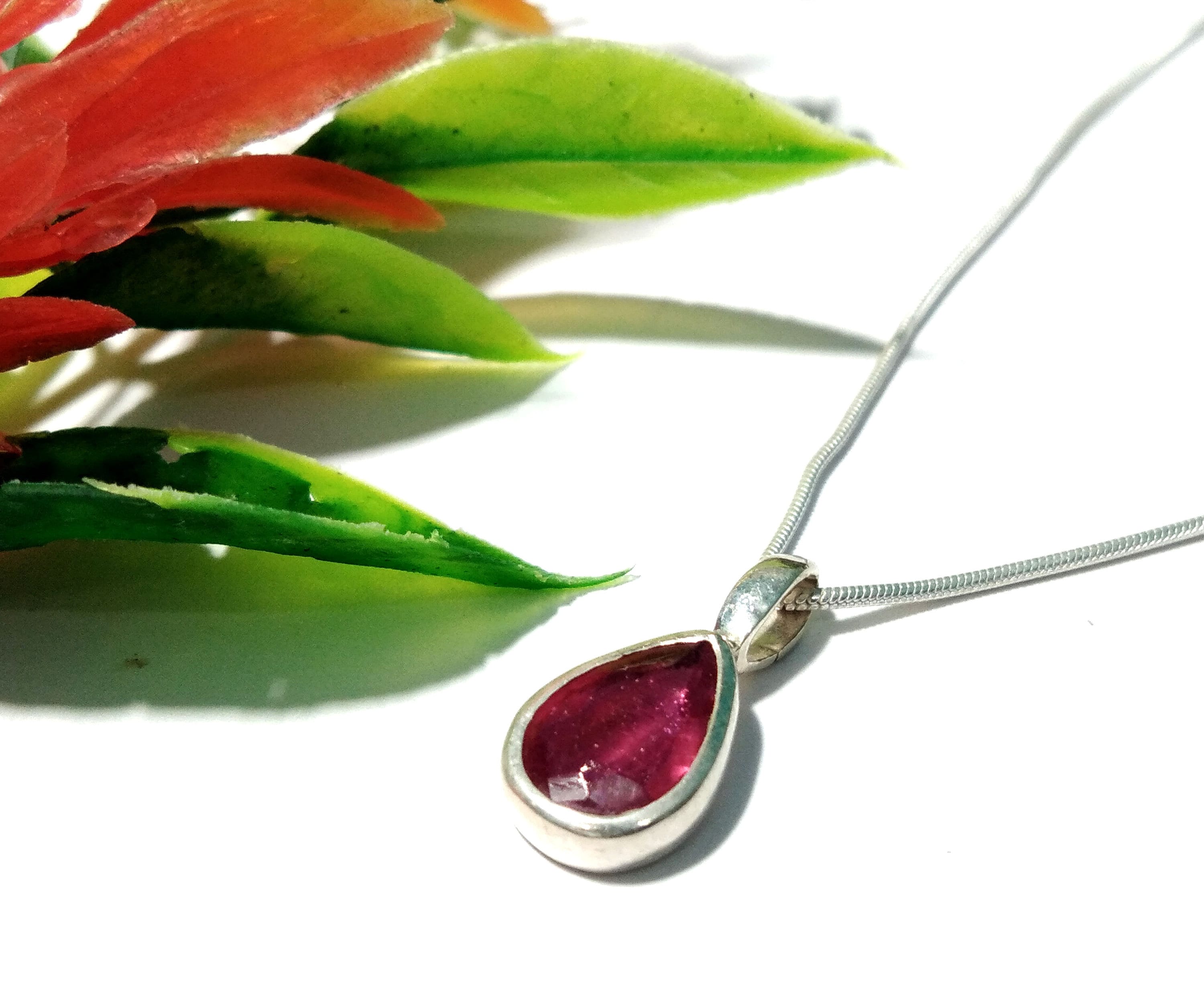 Natural Red Ruby Faceted Stone Pendant Necklace Chain, 925 Solid Sterling Silver Chain Pendant Necklace, For Gift Chain Pendant