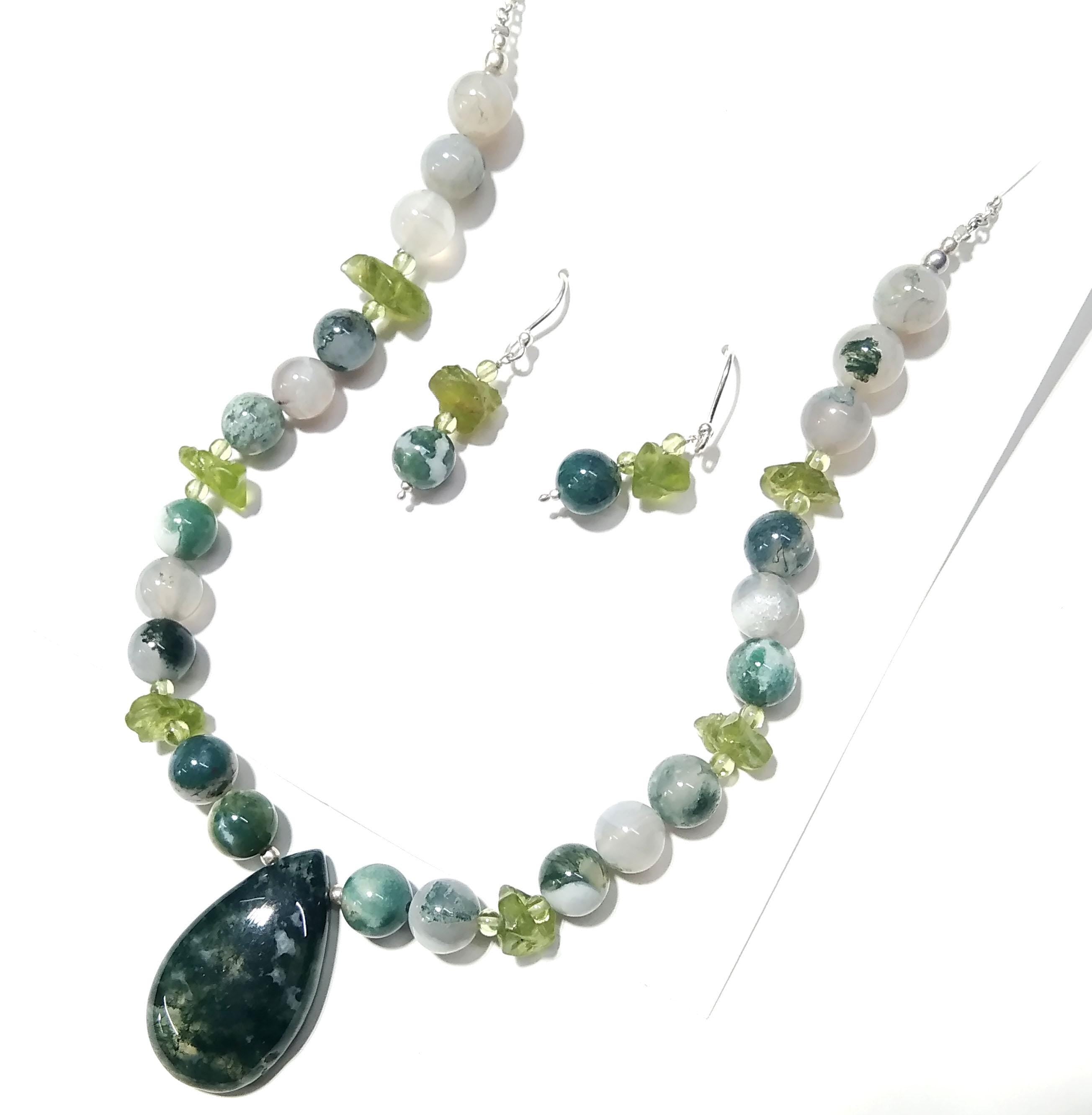 Fabulous Natural Moss Agate/Peridot Gemstone Beads Necklace Set Jewelry, 925 Sterling Silver Necklace Beaded Necklace Statement For Jewelry