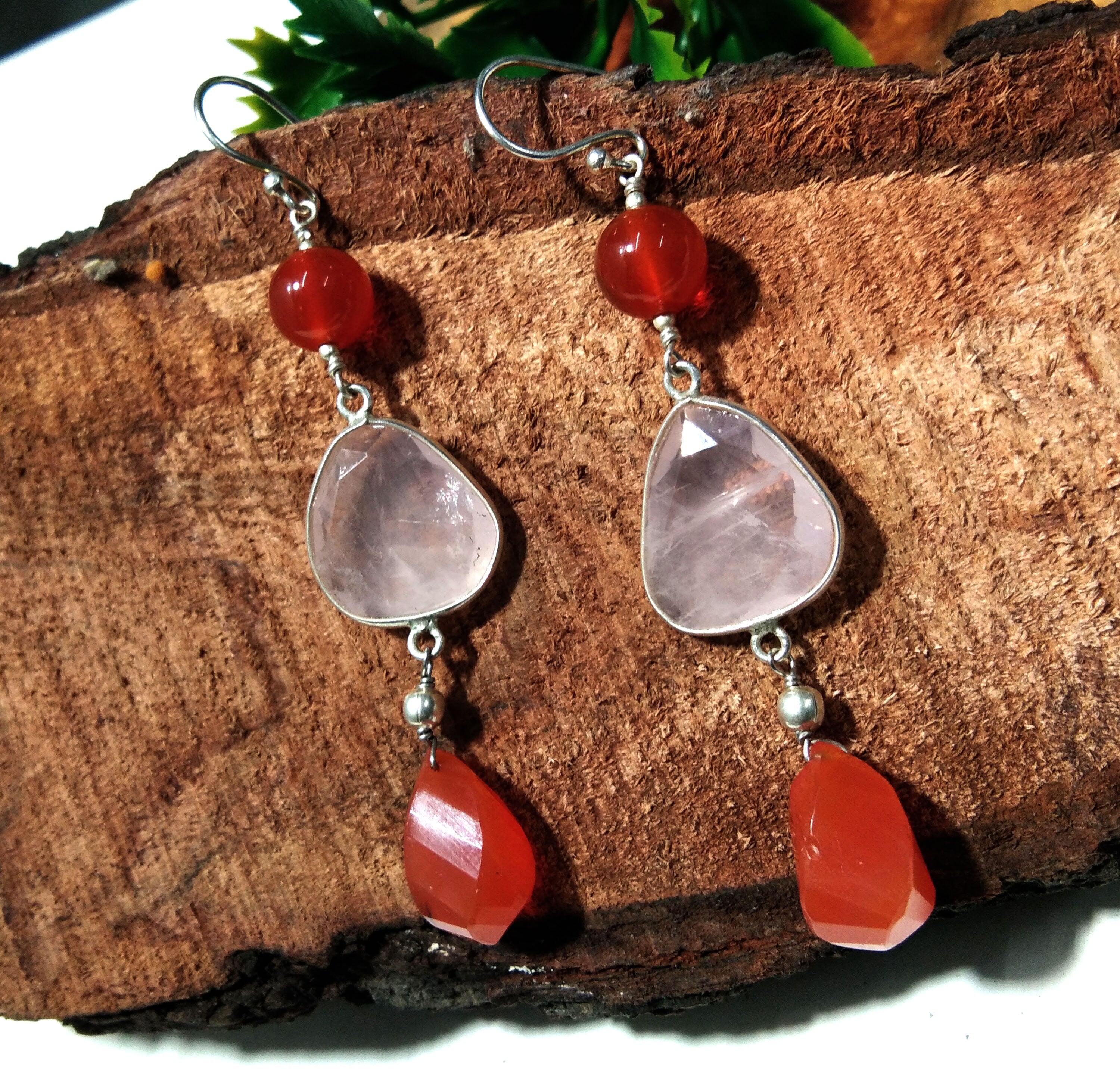 Natural Carnelian, Rose Quartz Earrings, 925 Solid Starling Silver Earring, Carnelian Stone Handmade Earring, Gift Women Wedding Earring