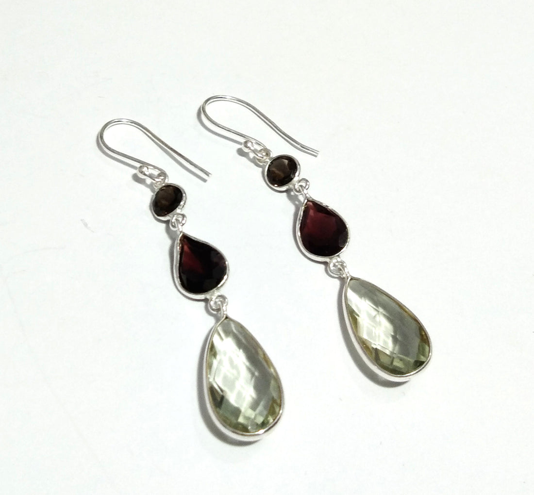 Natural Green Amethyst,Garnet Gemstone Drop Earring, 925 Starling Silver Earring, Stone Size 18x9 mm Gift Birthday Earring Jewelry