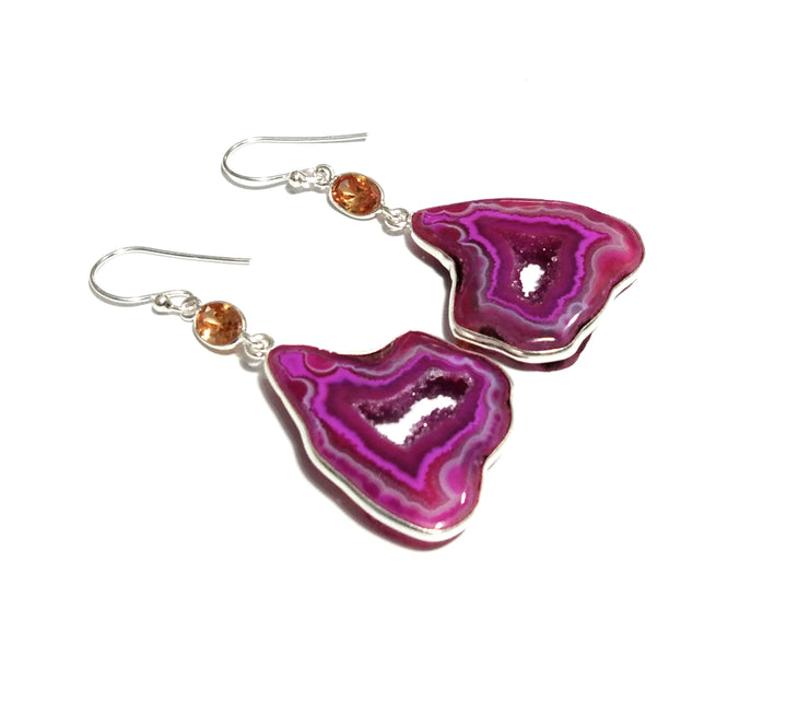 Natural Pink Banded Agate Slice Druzy/Citrine Stone Earring, 925 Solid Starling Silver Earring, Stone Size 30x24 mm Gift Christmas Earring