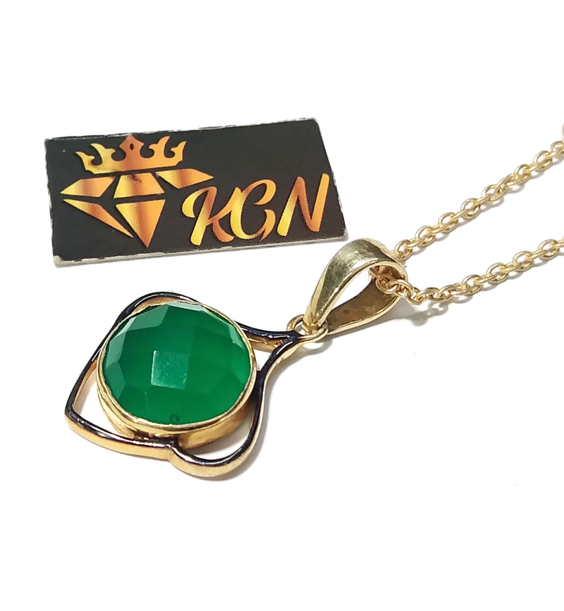 Natural Green Onyx Checker Cut Stone Chain Pendant, 925 Starling Silver Gold/Black Plated Pendant Jewelry Round Shape Gift Easter Pendant
