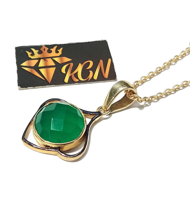 Natural Green Onyx Checker Cut Stone Chain Pendant, 925 Starling Silver Gold/Black Plated Pendant Jewelry Round Shape Gift Easter Pendant