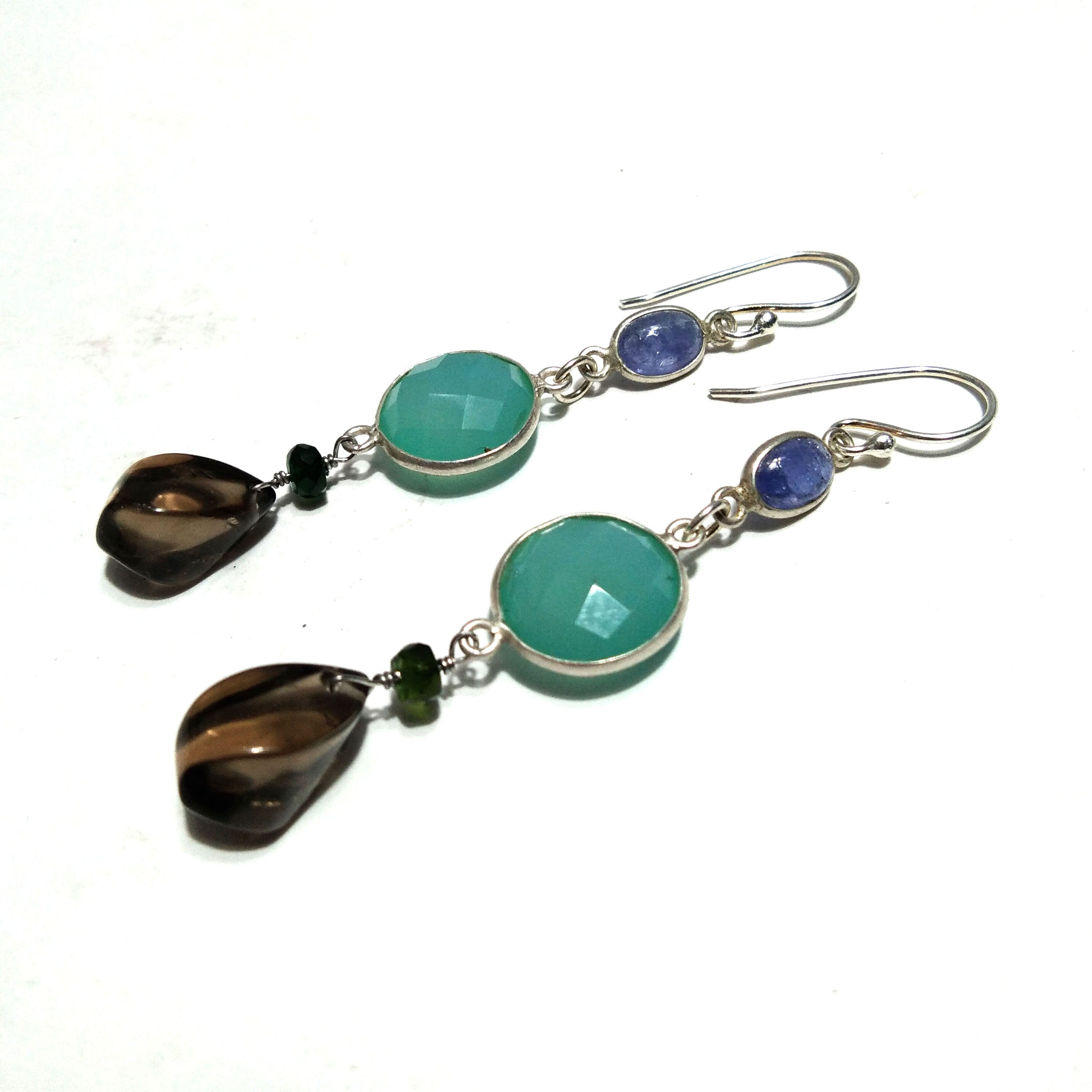 Natural Aqua Chalcedony/Smoky Quartz Earring, 925 Solid Starling Silver Earring, Chalcedony Stone Handmade Gift Women Earring Jewelry