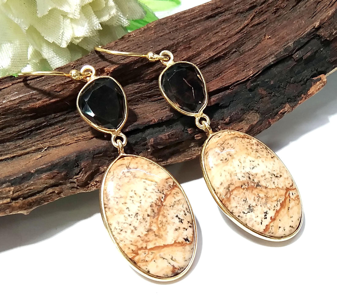 Natural Pitcher Jasper/Smoky Quartz Gemstone Earring, 925 Sterling Silver Earring Drop Dangle Stone Earring, Gift Wedding Earring Jewelry
