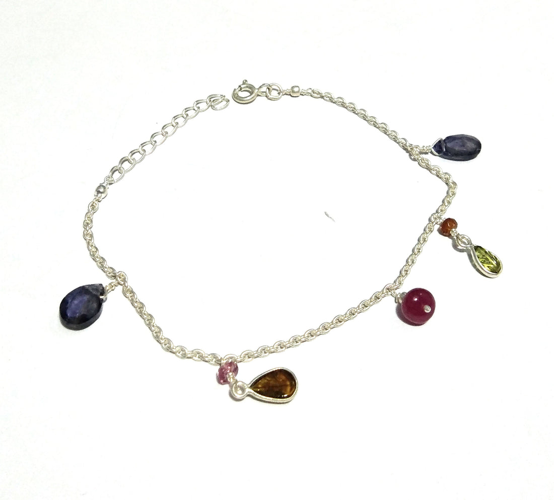 Natural Multi Tourmaline/Iolite Stone Chain Bracelet, 925 Sterling Silver Chain Stone Bracelet, Wedding Bracelet Gift Valentine day Bracelet