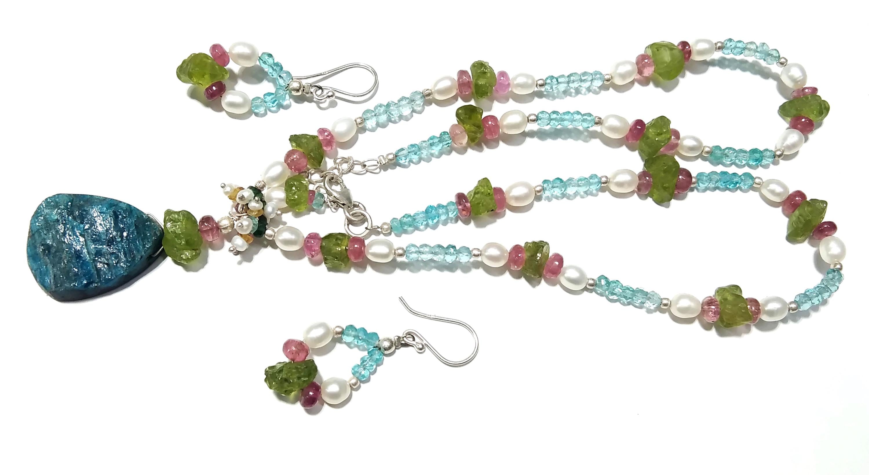 Natural Apatite Druzy/ Pearl/Peridot Rough Stone Beads Necklace Set Jewelry, 925 Sterling Silver Necklace Beaded Necklace Statement Jewelry