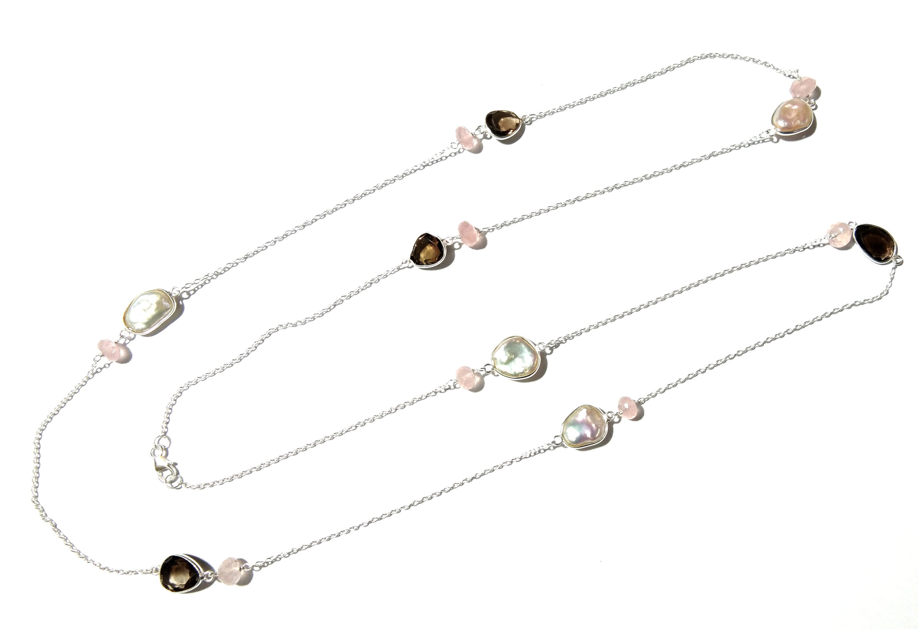 Very Beautiful Log Necklace ! Natural Gemstone Smoky Quartz, Rose Quartz & Pearl Log Beaded Necklace With 925 Starling Silver Length 40 inch