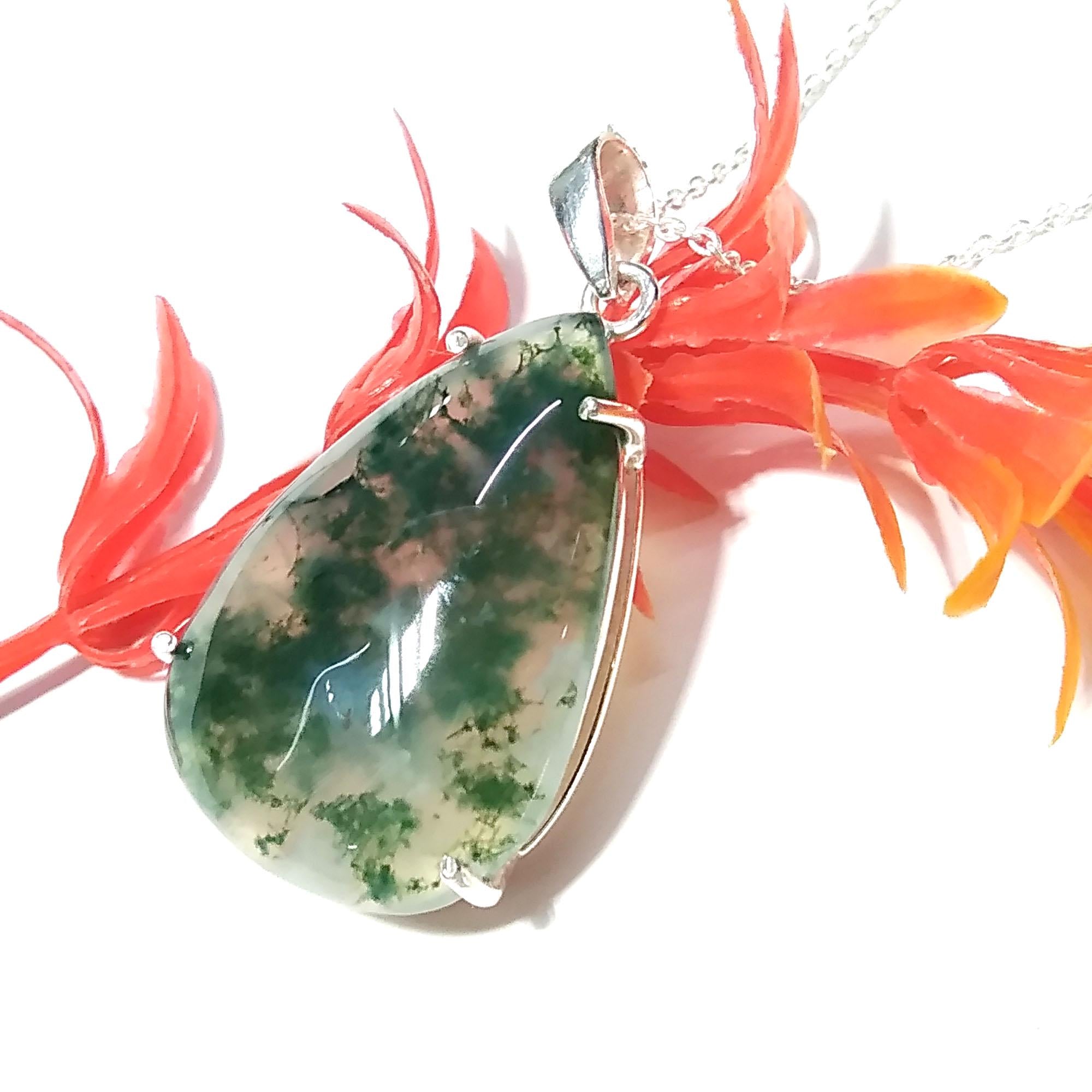 Natural Moss Agate Pendant Necklace, 925 Solid Sterling Silver Pendant, Amazing Design Gemstone Moss Agate Pendant Necklace, For Girls/Women