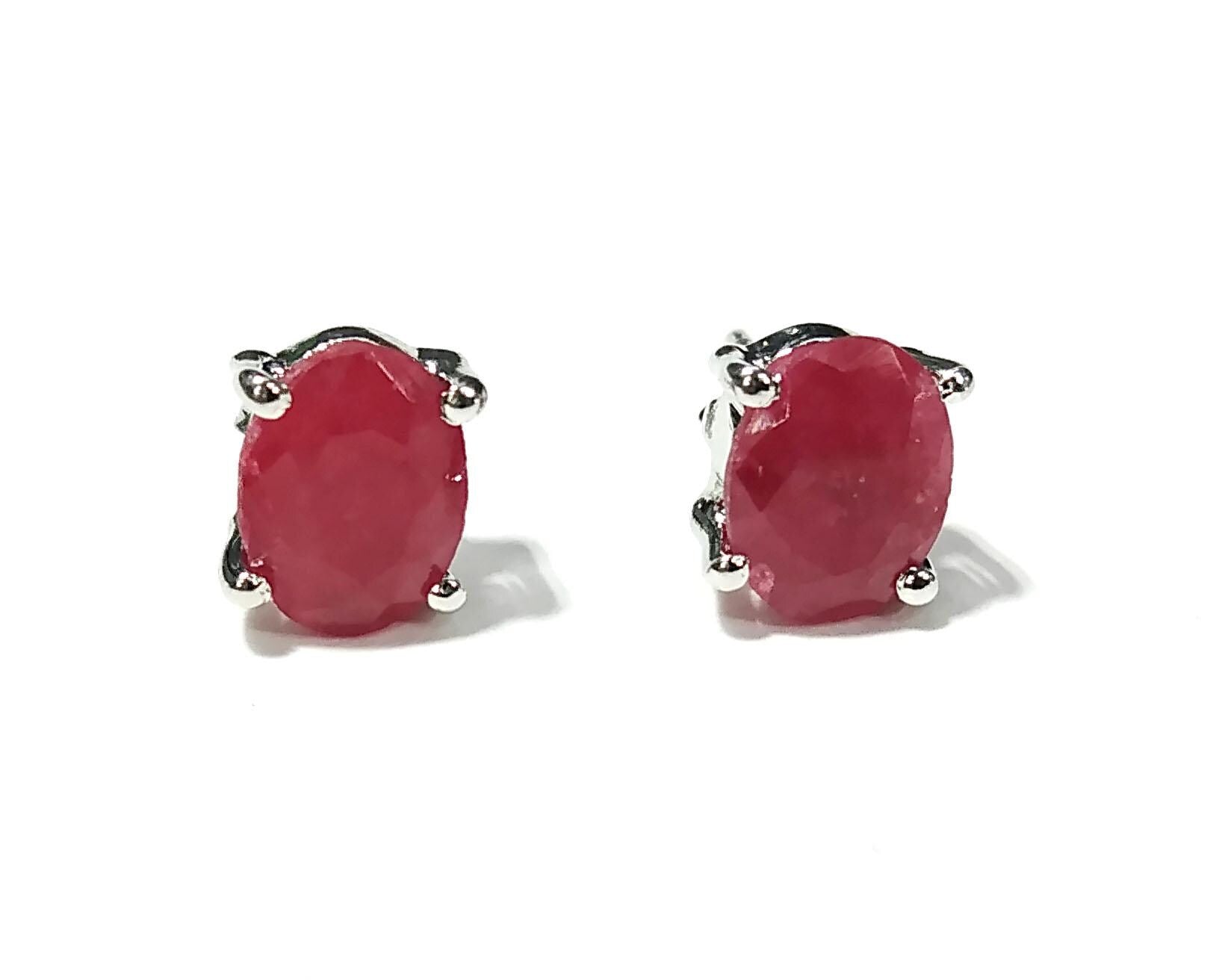 Natural Red Ruby Stud Earrings, 925 Starling Silver Earring Jewelry, Red Ruby Gemstone Oval Shape Stone Size 8x6mm Birthday Gift For Her