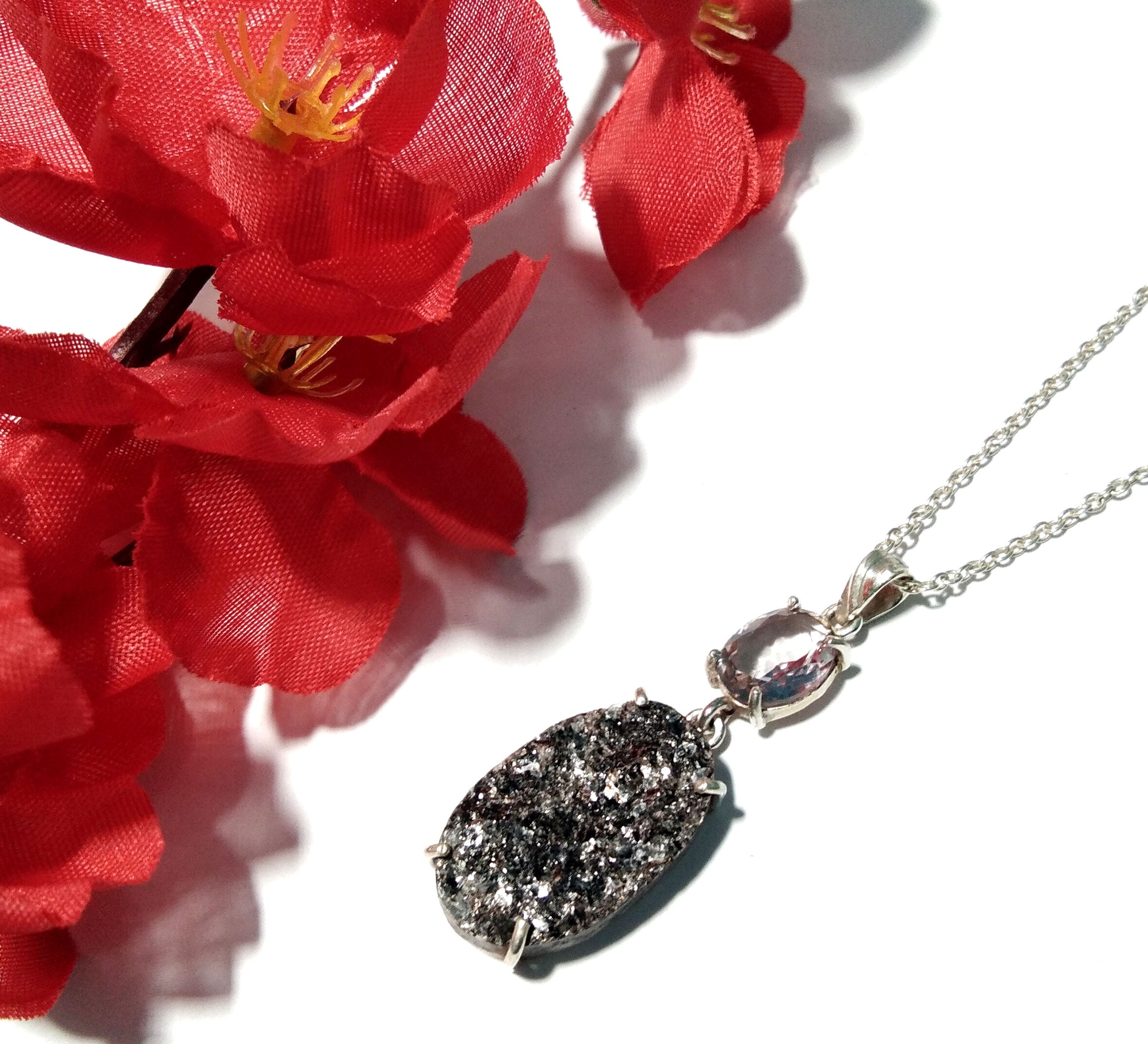 Natural Black Silver Mica Druzy/Faceted Amethyst Gemstone Chain Pendant Necklace, 925 Starling Silver Pendant Handmade Jewelry Birthday Gift