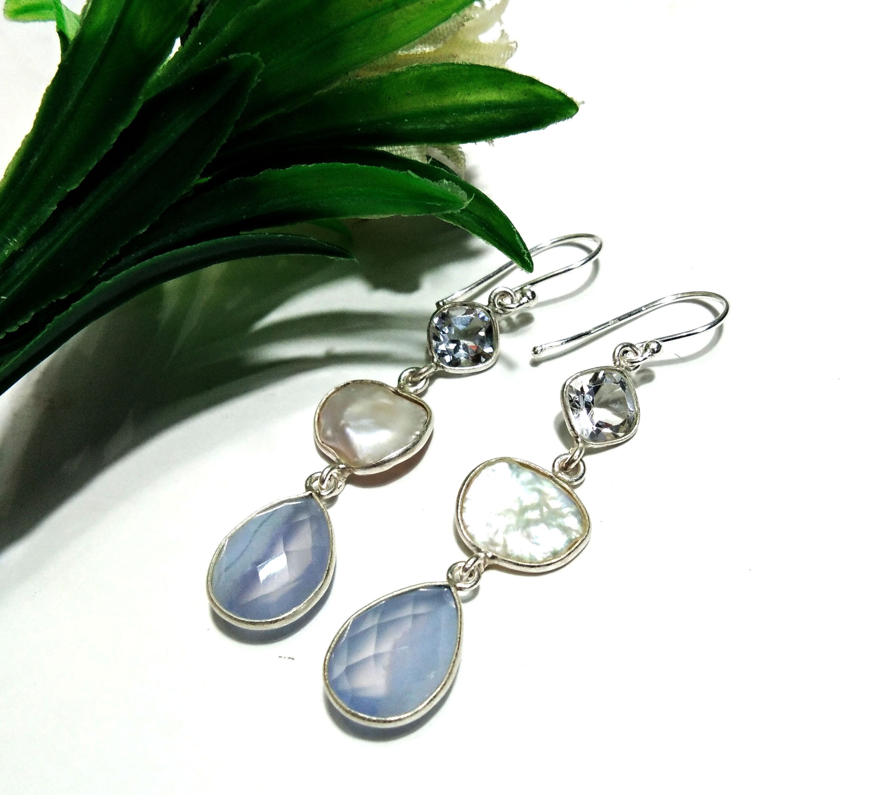 Natural Fresh Water Baroque Pearl/Topaz/Blue Chalcedony Stone Drop Earring, 925 Solid Starling Silver Earring Gemstone, Gift Earring Jewelry