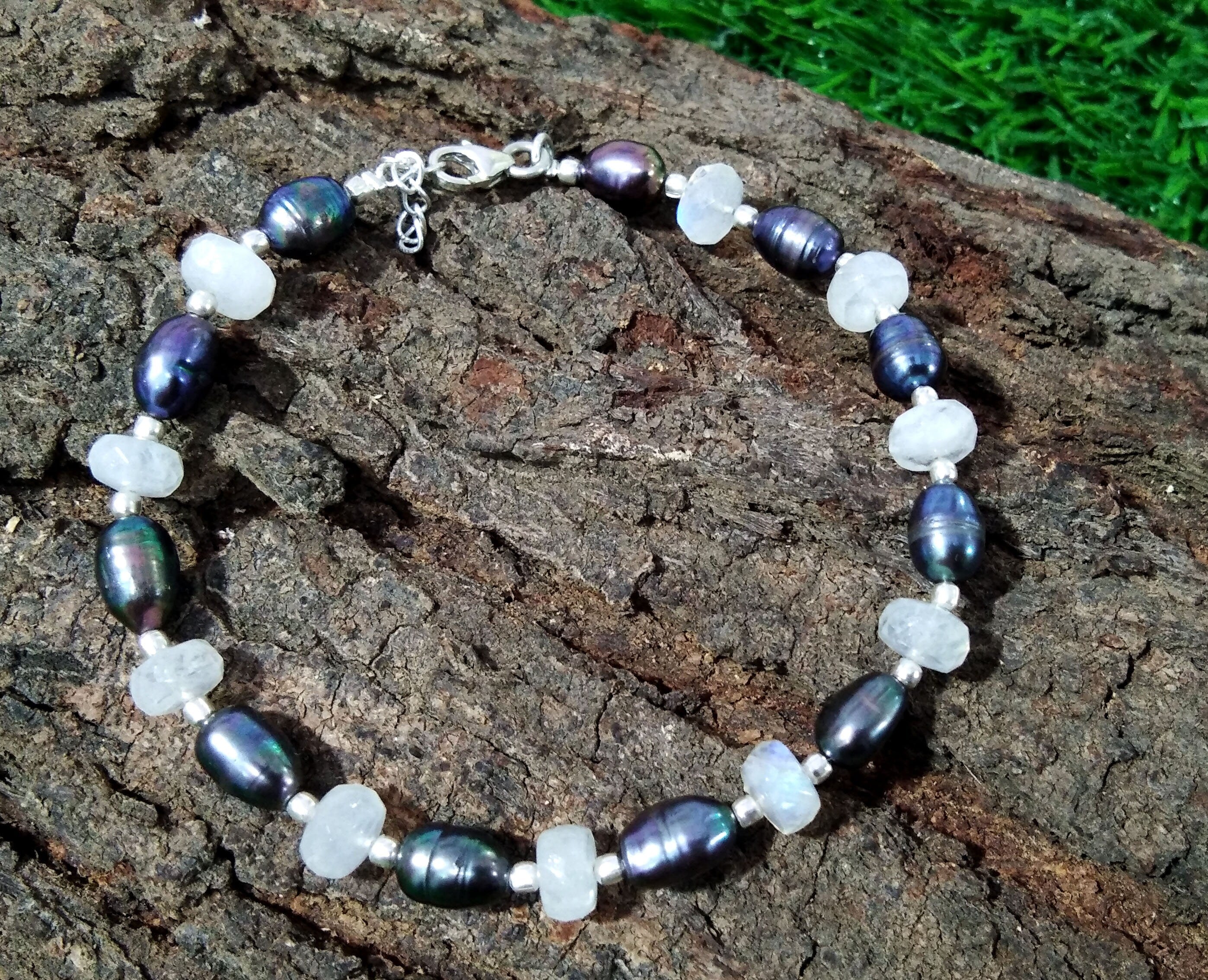 Rainbow Moonstone & Grey Pearl Adjustable Bracelets, Natural Gemstone With 925 Silver Jewelry, Wedding Bracelet, Bridesmaid Gift For Women