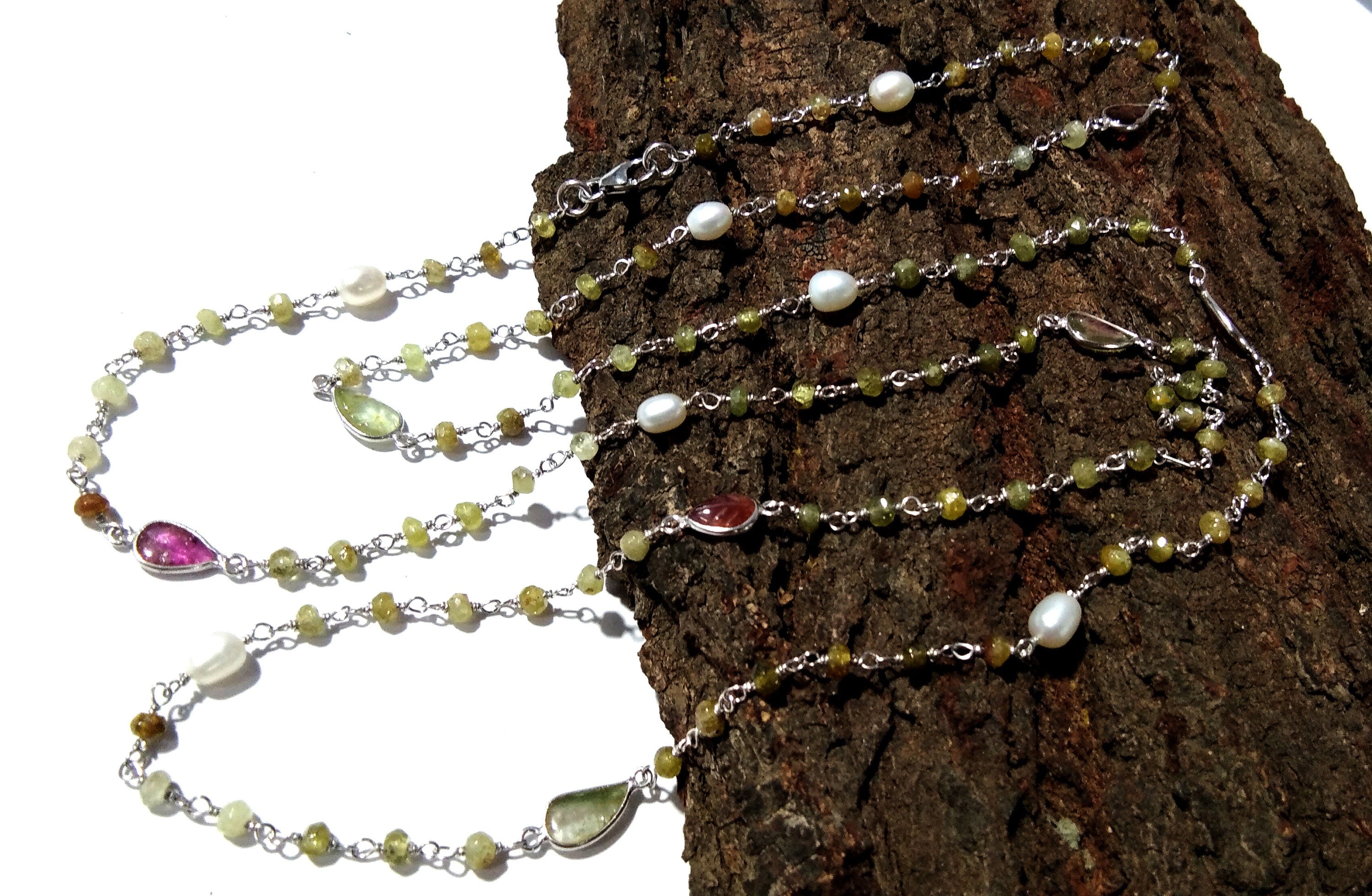 36'' Log Necklace ! Vessonite Necklace With Tourmaline & Pearl, 925 Sterling Silver Jewelry, Handmade Beaded Necklace, Gemstone Necklace.