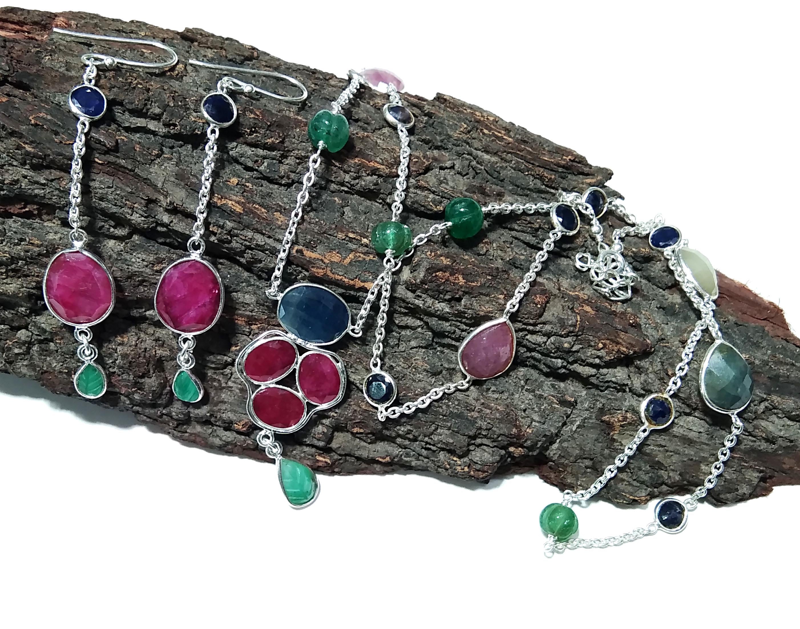 Natural Red Ruby/Multi Tourmaline Gemstone Necklace Earring Jewelry Set, 925 Sterling Silver Necklace Earring Jewelry Gift For Girls & Women