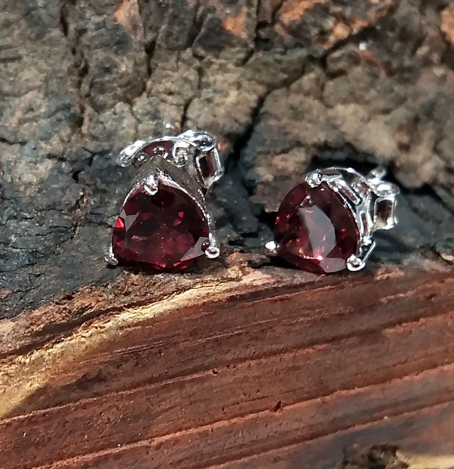 Natural Garnet Stud Earrings, 925 Starling Silver Earring Jewelry, Red Garnet Faceted Heart Shape Stone Size 6x6 mm Christmas Gift For Women