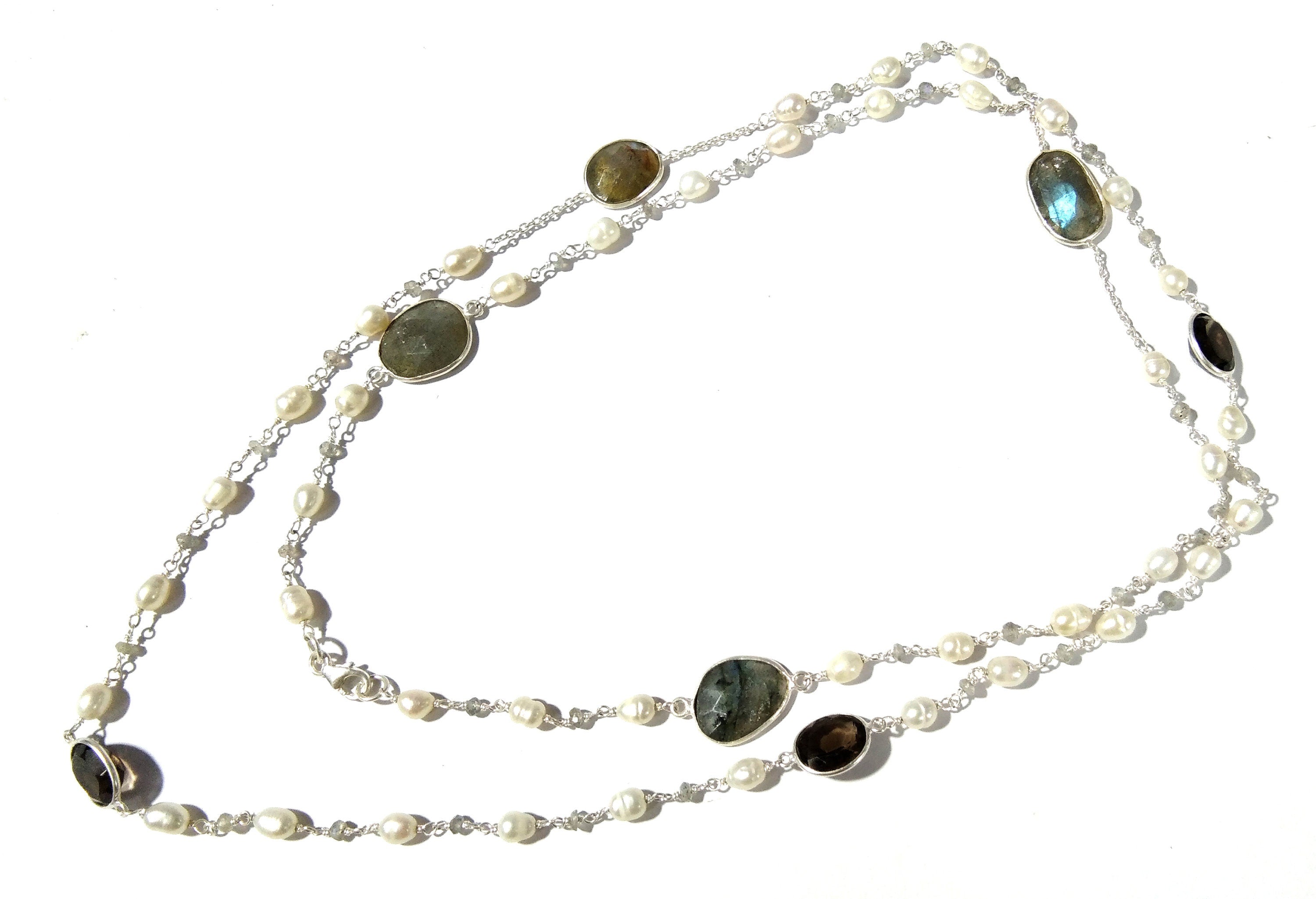 36'' Inch Log Beaded Necklace ! Lebradorite Necklace With Pearl & Smoky Quartz, 925 Sterling Silver Jewelry, Handmade Beaded Necklace.