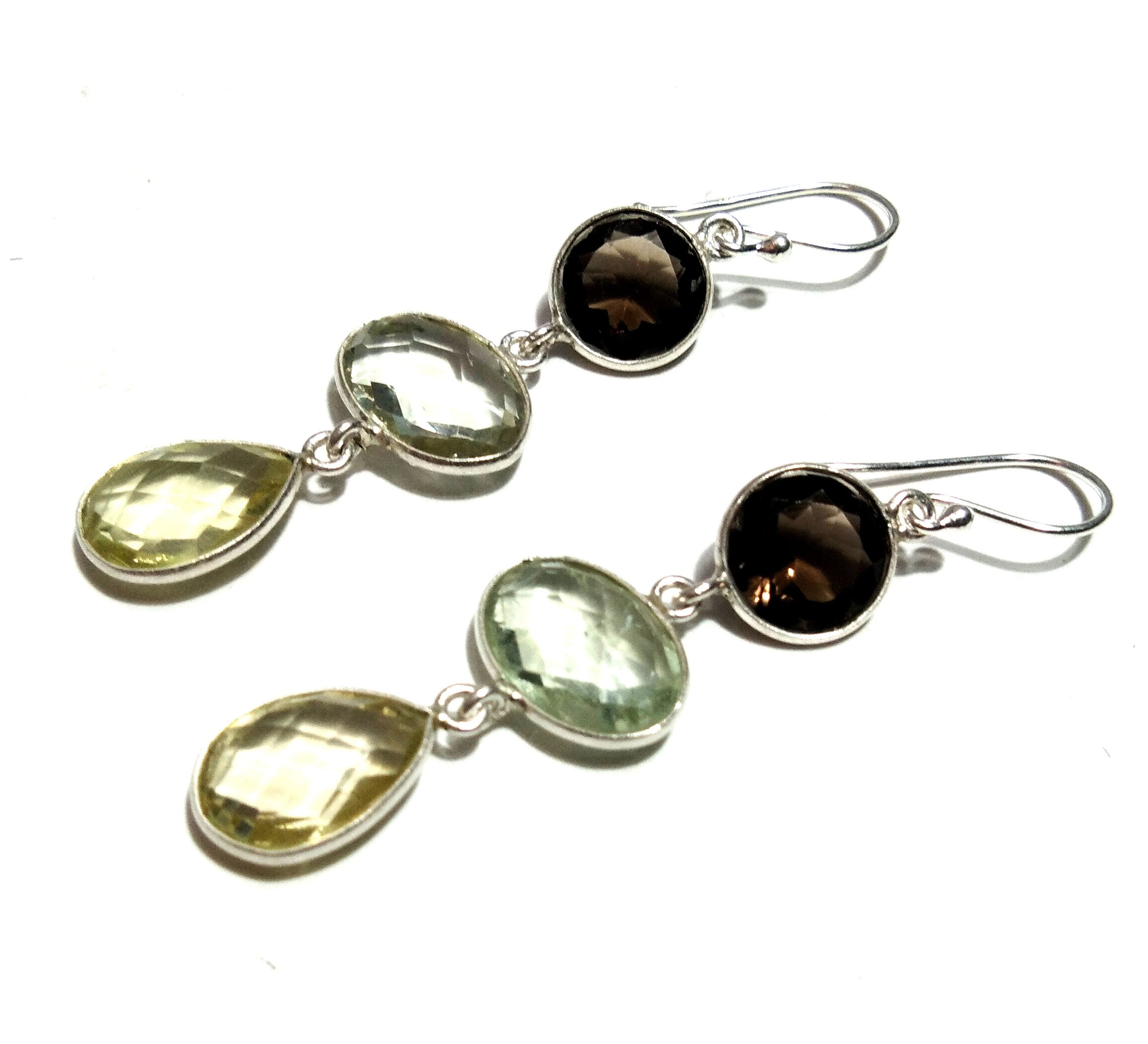 Natural Lemon Quartz, Smoky Quartz, Green Amethyst Stone Drop Earring, 925 Sterling Silver Earring Gemstone, Gift Birthday Earring Jewelry