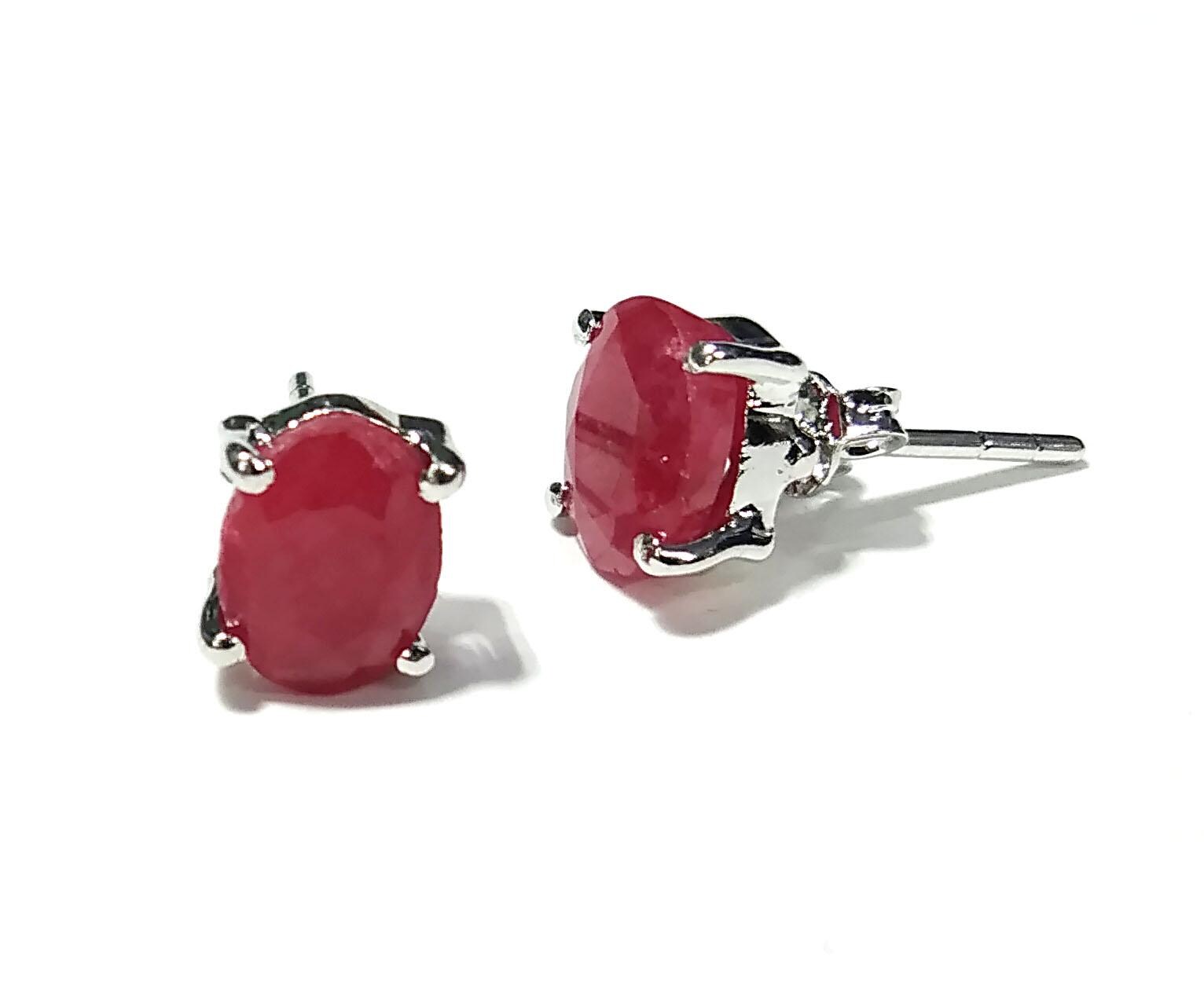 Natural Red Ruby Stud Earrings, 925 Starling Silver Earring Jewelry, Red Ruby Gemstone Oval Shape Stone Size 8x6mm Birthday Gift For Her