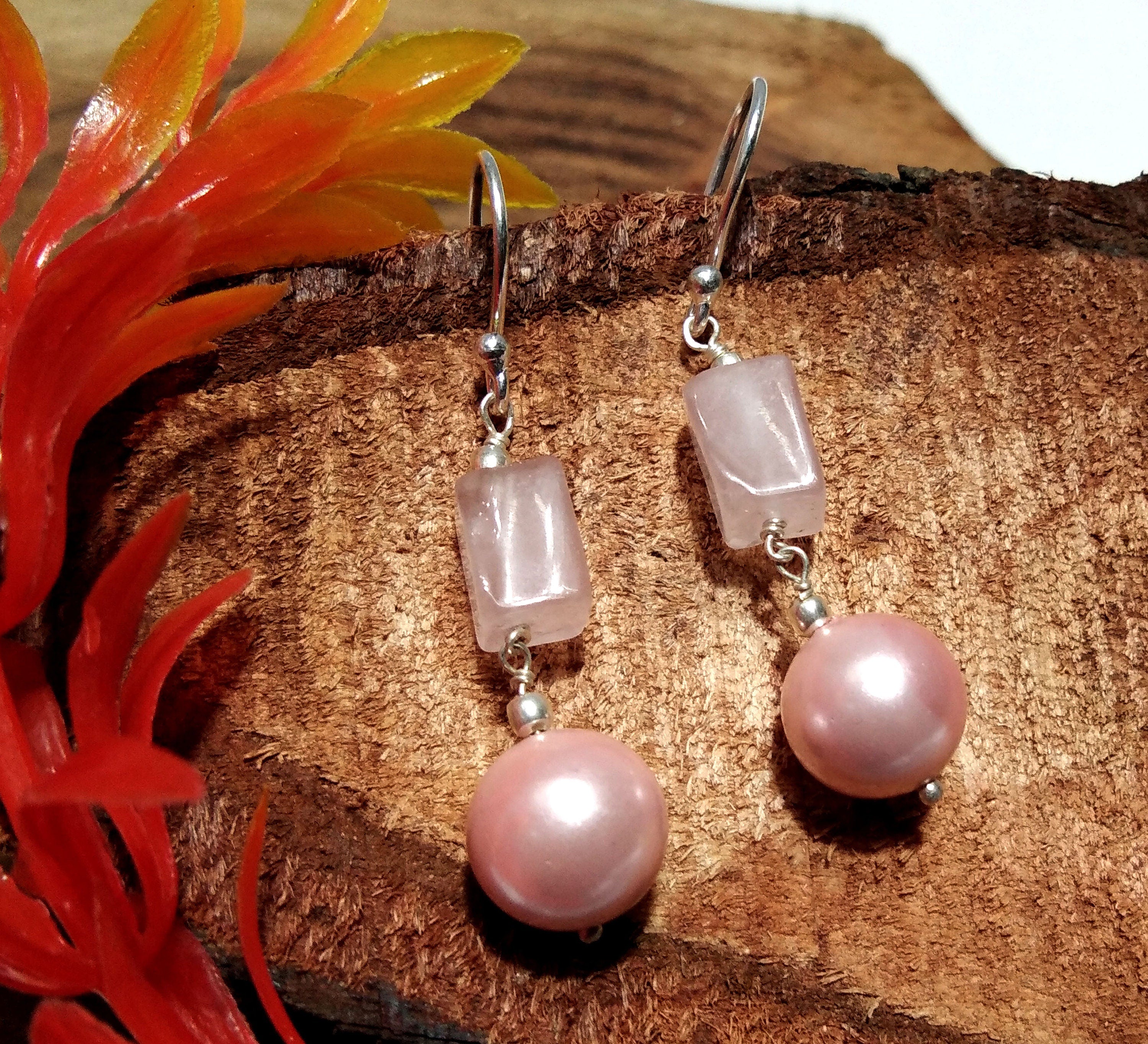 Natural Pink Baroque Pearl/Rose Quartz Stone Drop Earring, 925 Solid Starling Silver Earring Jewelry Stone Size 9x9 mm Gift Birthday Earring