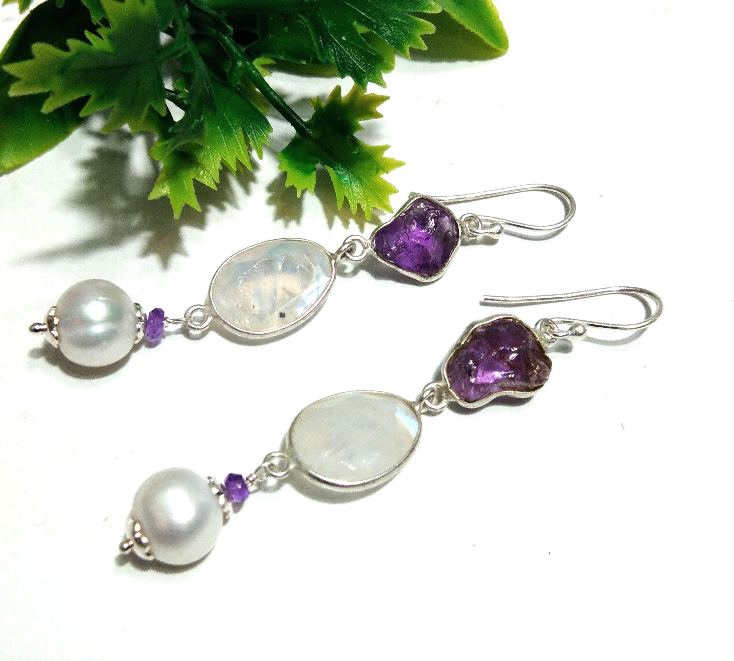 Bezel Earrings, Natural Gemstone Amethyst,Rainbow Moonstone & Pearl Earring, 925 Starling Silver Earring, Handmade Making Bezel Earring