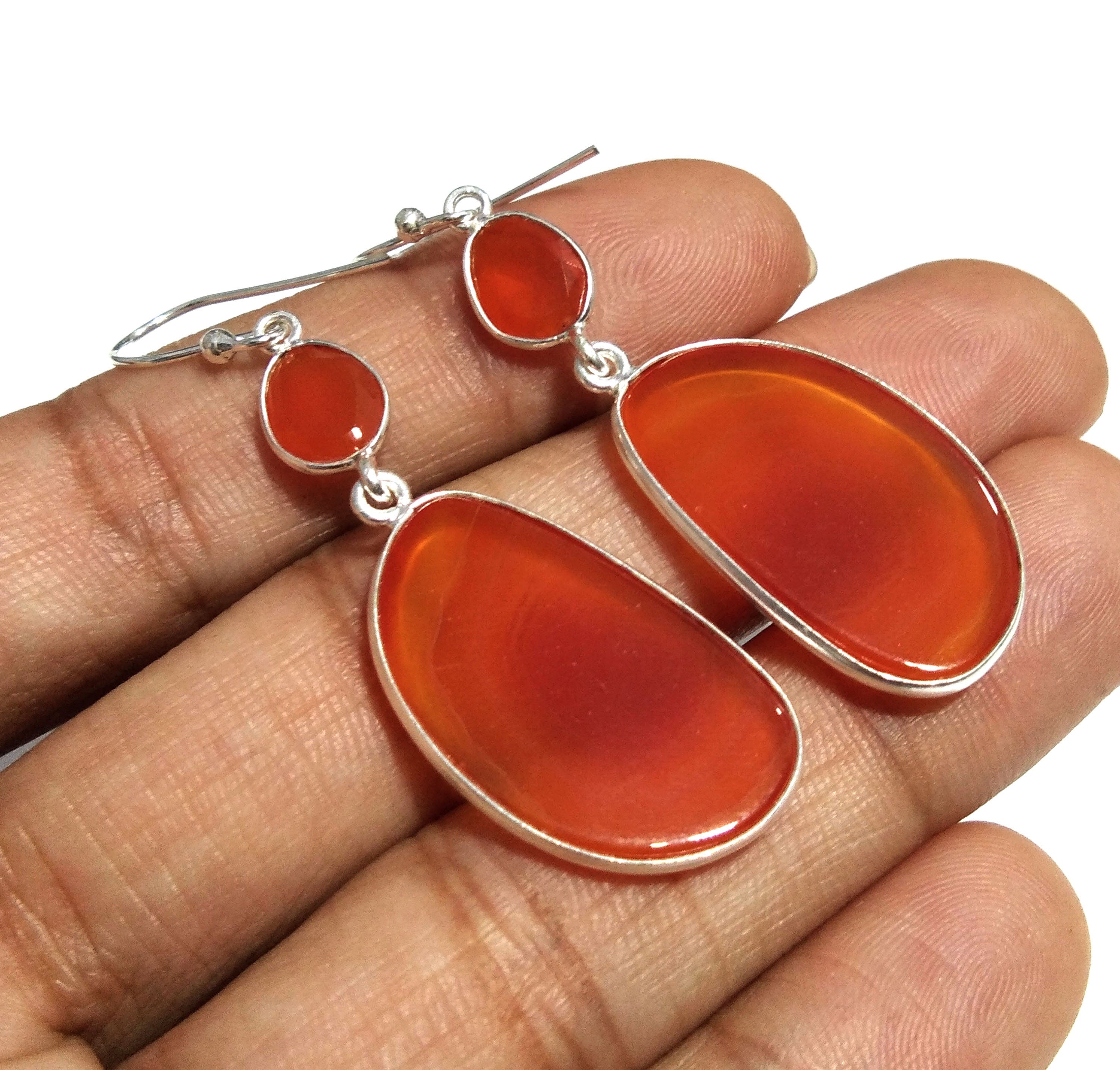 Natural Orange Banded Agate/Carnelian Gemstone Earring, 925 Solid Starling Silver Earring, Stone Size 27x16 mm Gift Women Earring Jewelry