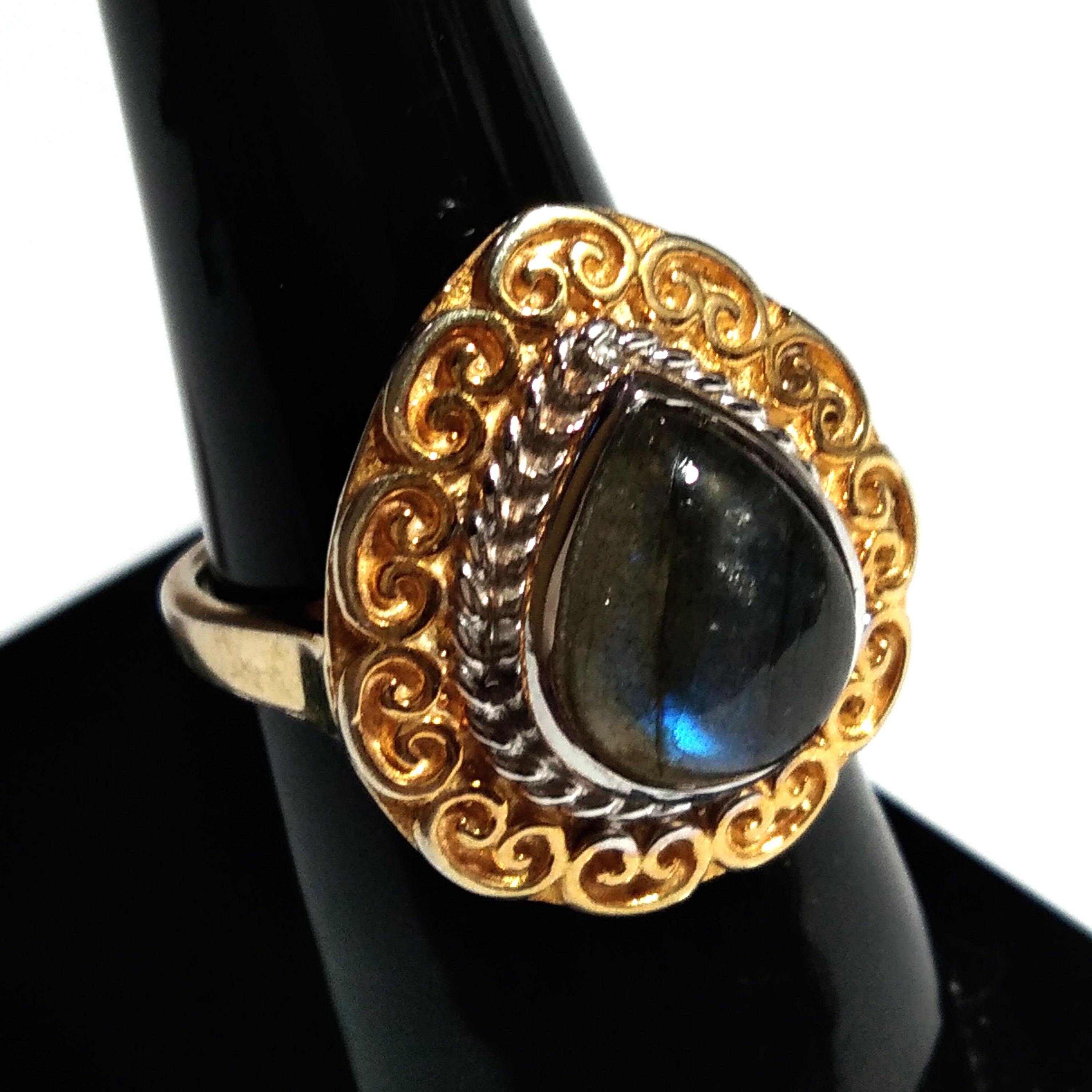 Natural Labradorite Blue Fire Stone Ring, 925 Solid Starling Silver Gold Plated Ring Jewelry Pear Shape Stone Size 12x10 mm Gift for Ring