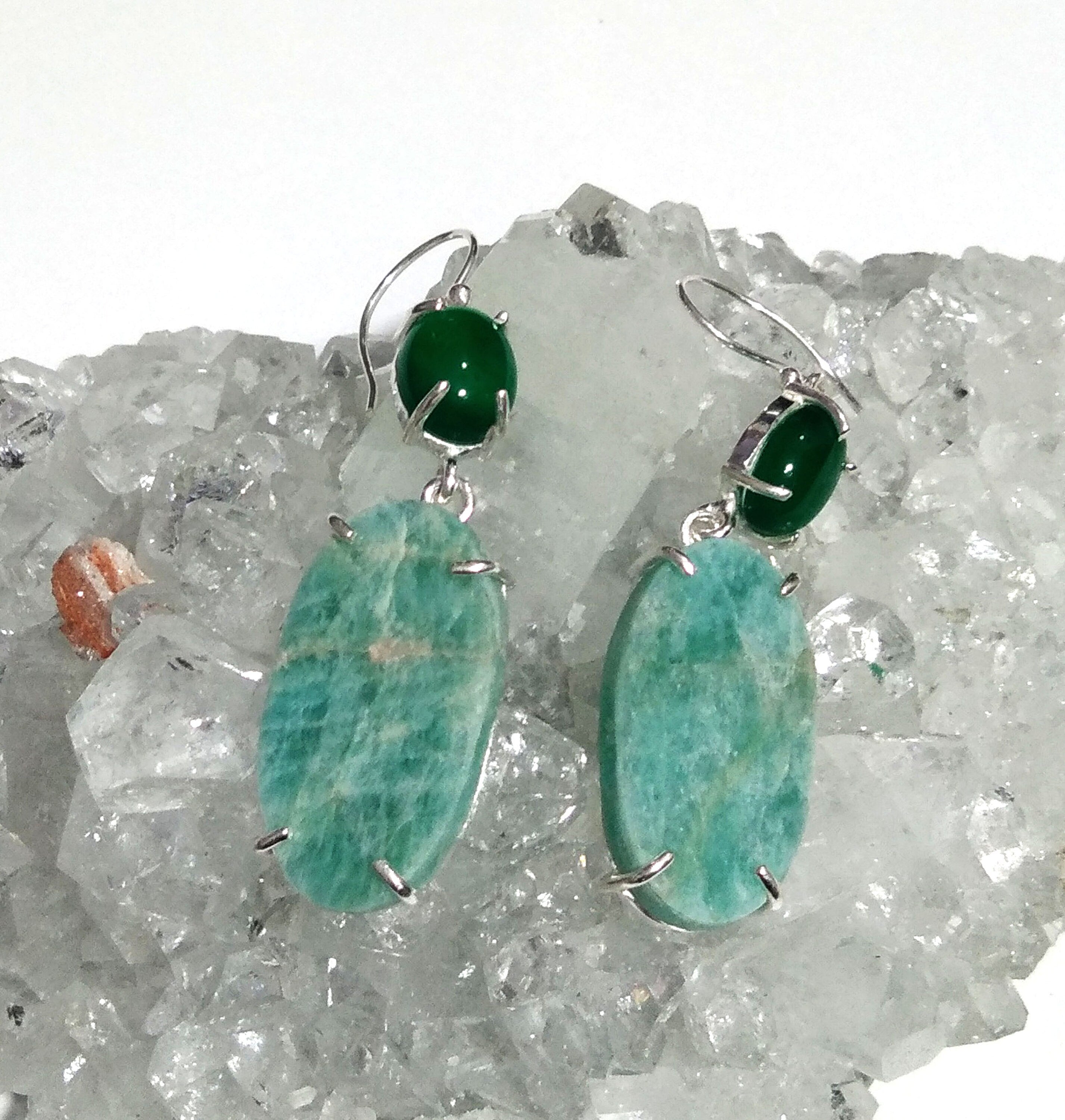 Natural Amazonite/Onyx Earring, 925 Solid Starling Silver Earring, Top Quality Amazonite Stone Size 28x15 mm For Gift Birthday Earring
