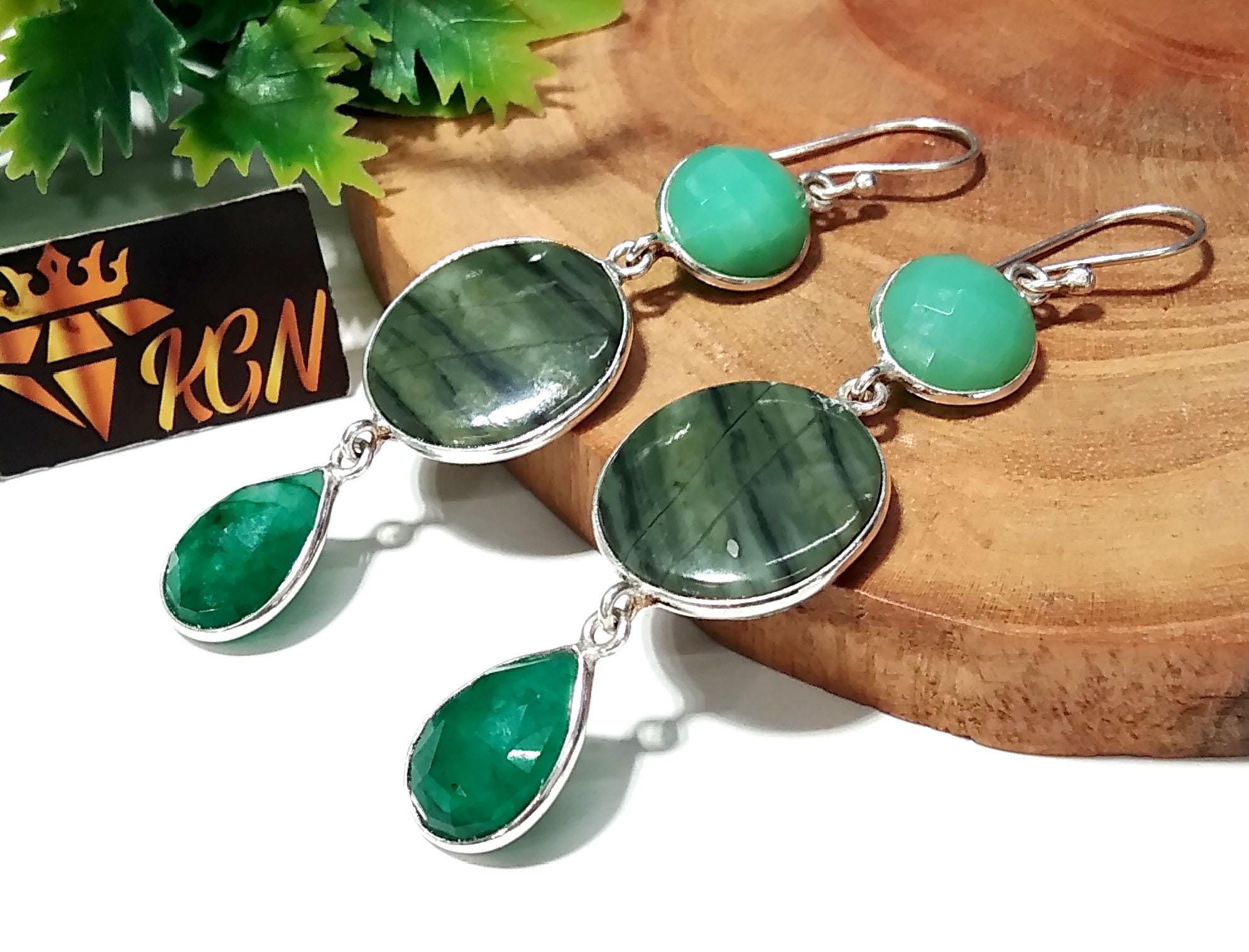 Natural Chrysoprase,Green Jasper,Emerald Stone Drop Earring, 925 Solid Starling Silver Earring, Gift Wedding Earring, For Girls & Women.