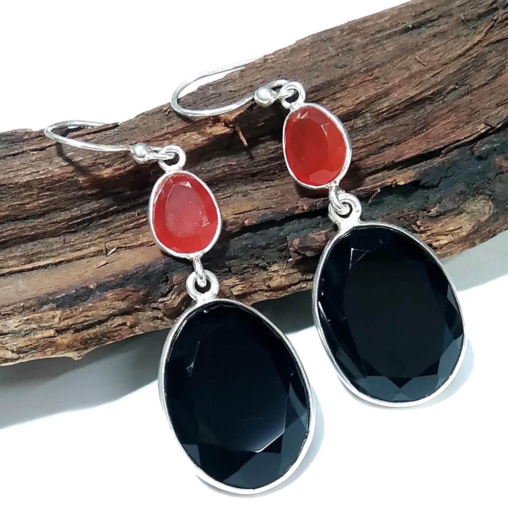 Natural Black Onyx/Carnelian Faceted Stone Earring, 925 Solid Starling Silver Earring, Beautiful Black Onyx Stone Size 19x15 mm Gift Earring