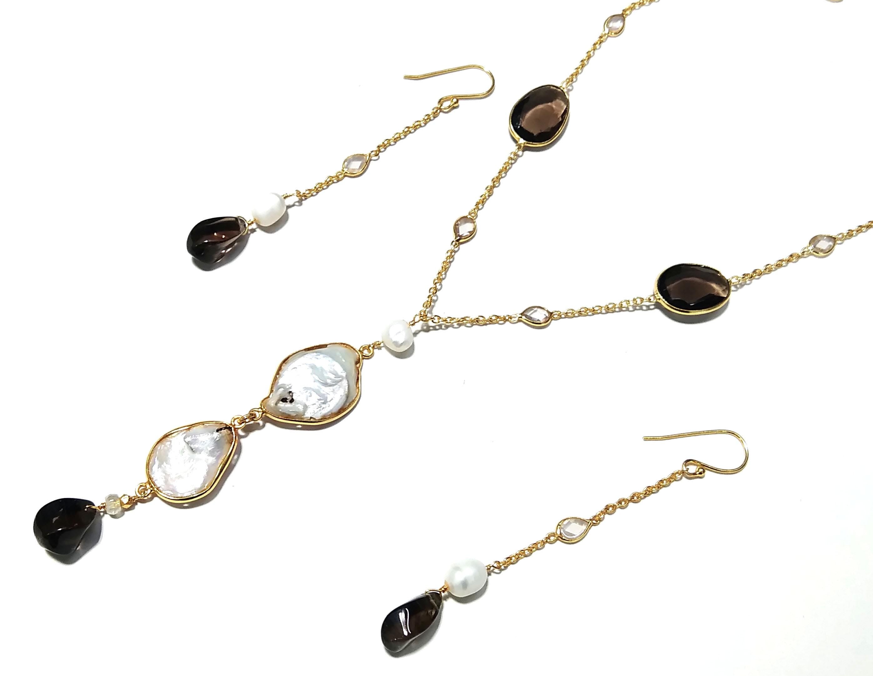 Natural Fresh Water Pearl/Smoky Quartz Stone Necklace Earring Jewelry Set, 925 Sterling Silver With Gold Plated Necklace Statement Jewelry
