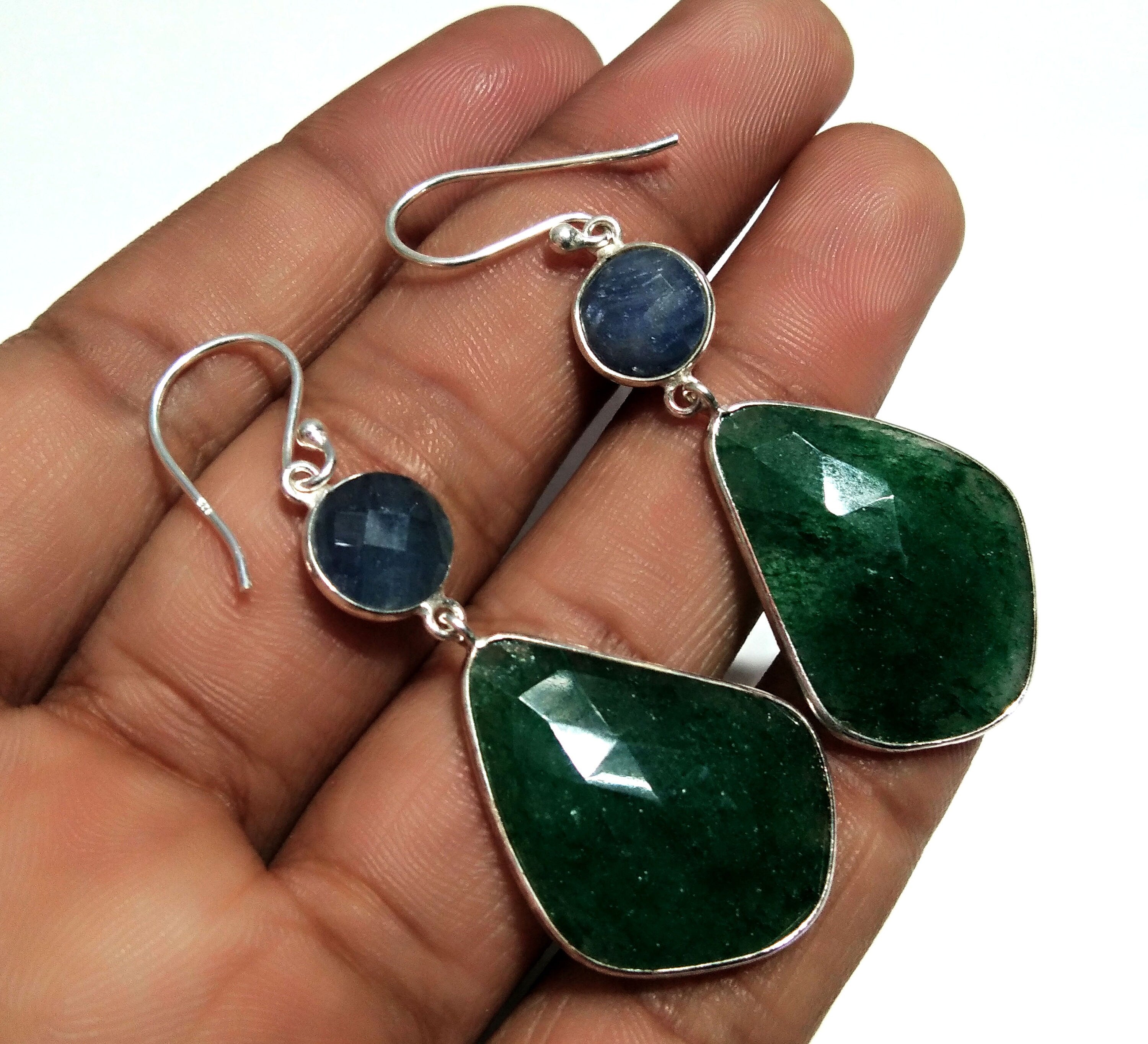 Natural Blue Sapphire/Green Jade Gemstone Earring, 925 Solid Starling Silver Earring, Handmade Silver Earring Top Color Stone Earring Gift