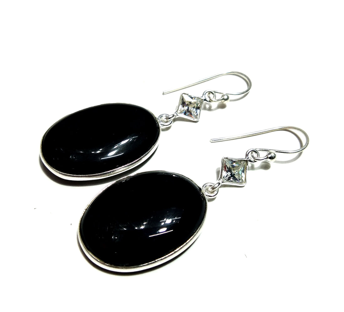Black Onyx,Zircon Gemstone Earring, 925 Sterling Silver Earring Handmade Jewelry, Onyx Stone Size 26x18mm Earring Women Jewelry Gift For Her