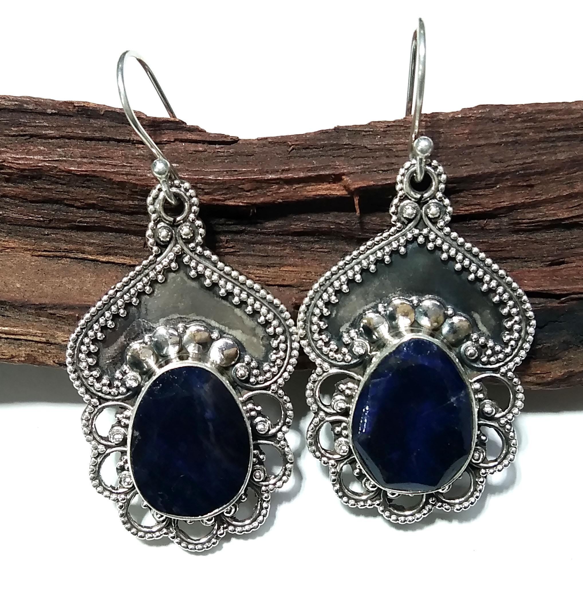 Natural Blue Sapphire Earrings Gemstone, 925 Solid Starling Silver Earring Jewelry, Oval Shape Stone Size 16x12 mm Sapphire For Gift Earring