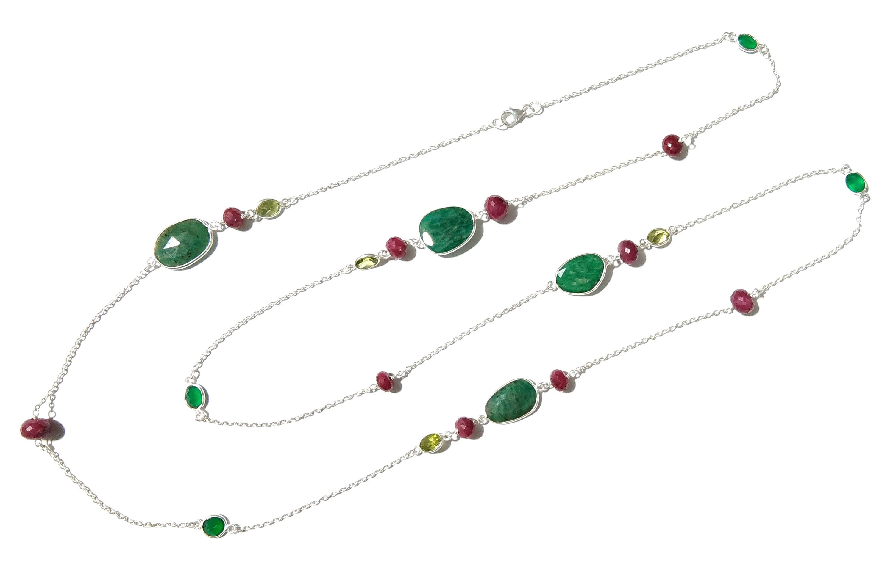 Log Chain Necklace Ruby Amazonite Peridot Green Onyx Stone Bezel & Beaded Necklace Chain 925 Starling Silver Necklace Chain 40 inche Chaine