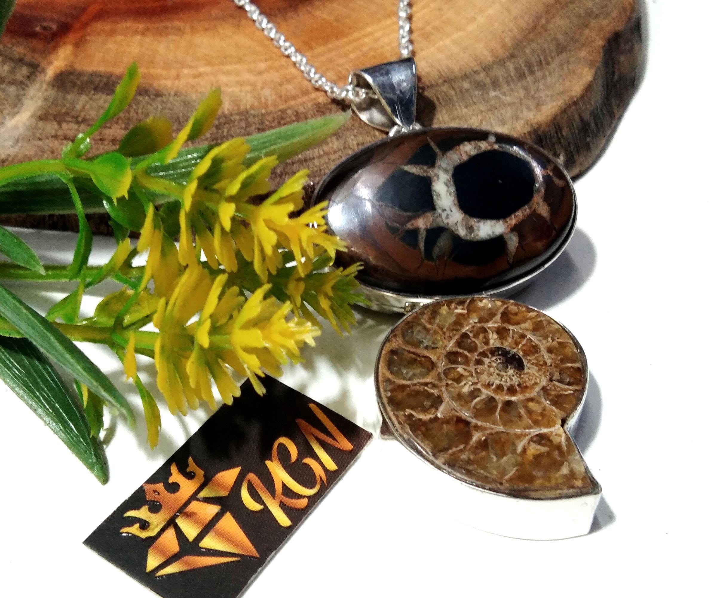 Natural Sapterian & Ammonite Gemstone Pendant Chain Necklace, 925 Silver Pendant Jewelry, Handmade Pendant Necklace, Gift Birthday Pendant